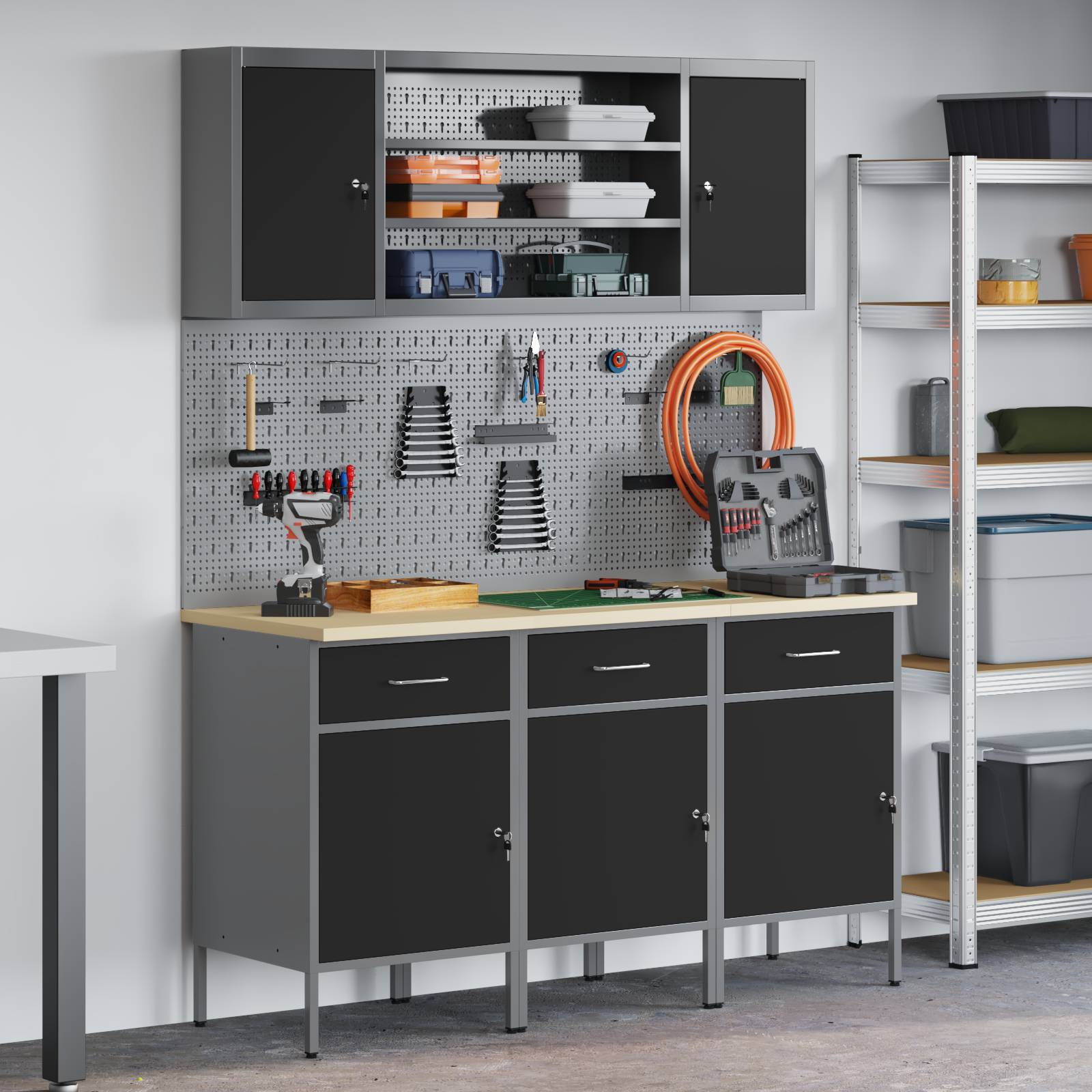 vidaXL 7-tlg. Werkbank-Set Schwarz Stahl