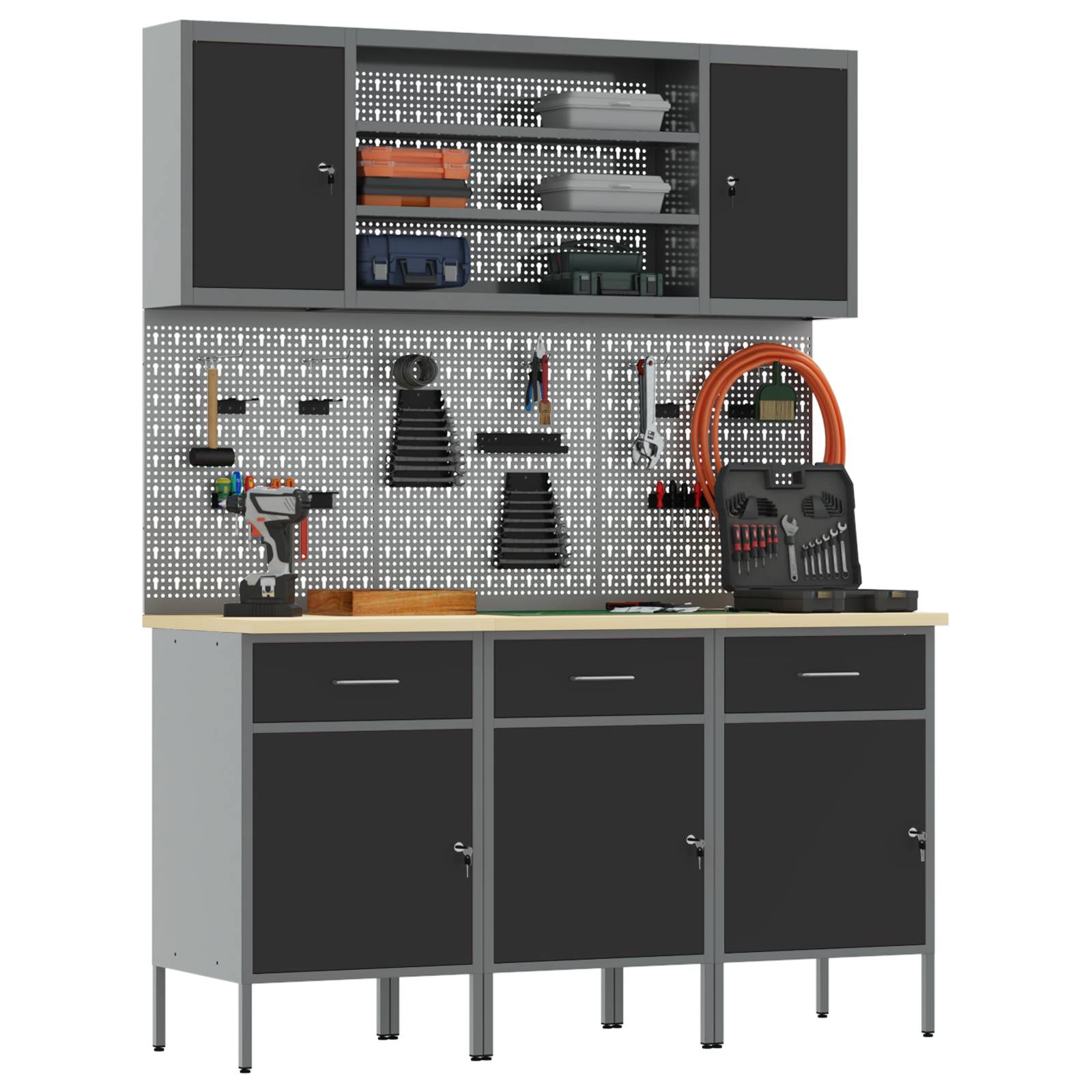 vidaXL 7-tlg. Werkbank-Set Schwarz Stahl