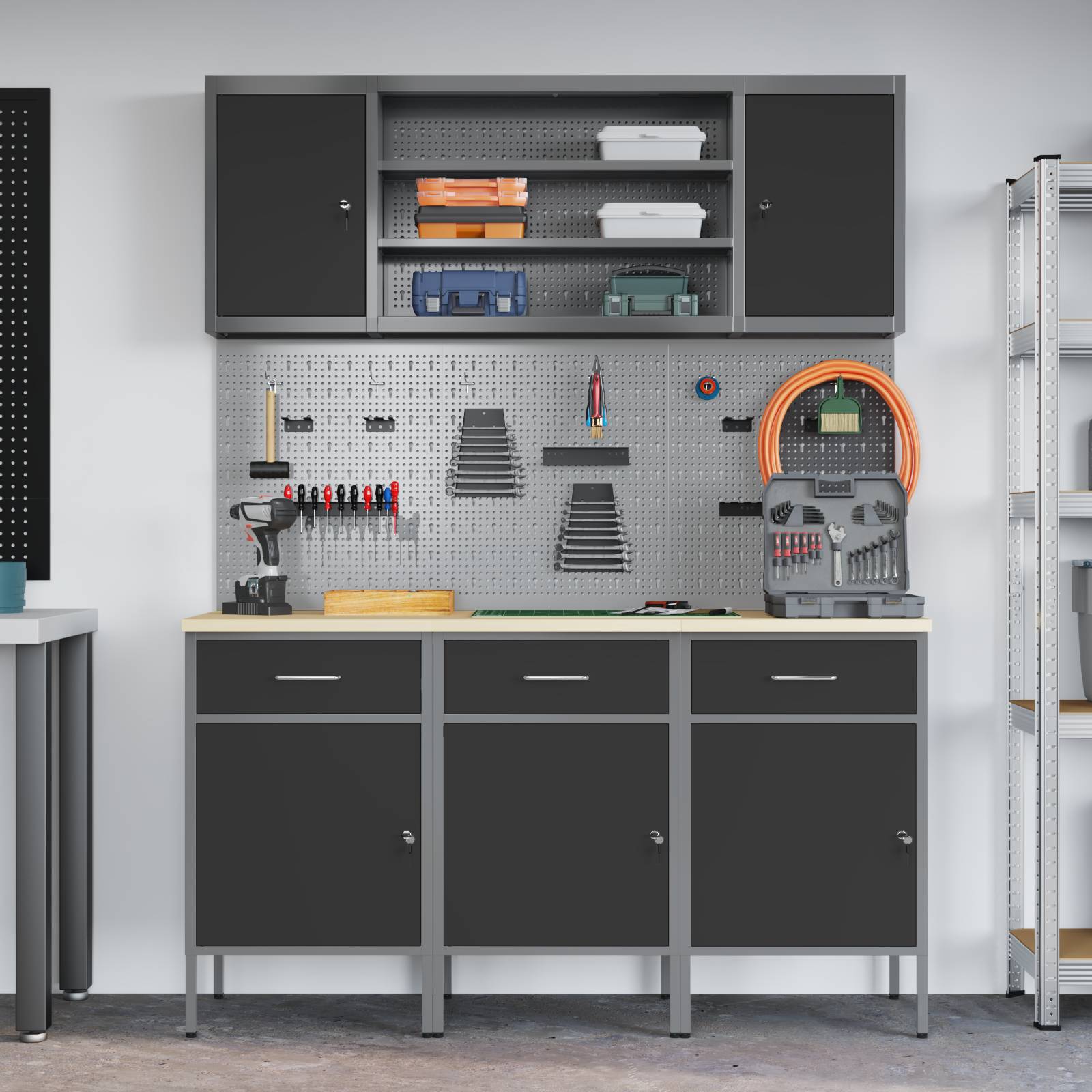 vidaXL 7-tlg. Werkbank-Set Schwarz Stahl