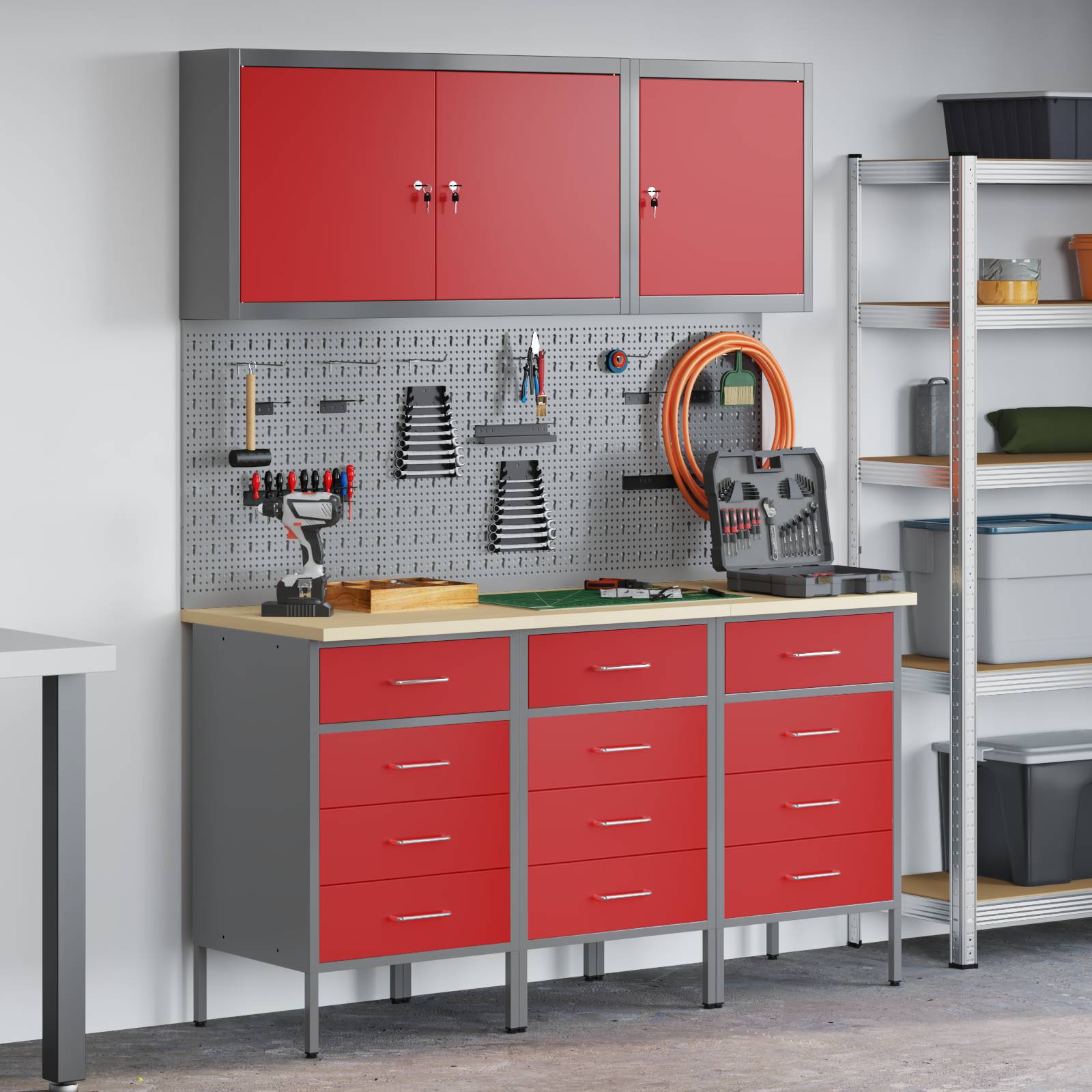 vidaXL 8-tlg. Werkstattschrank-Set mit Stecktafel Rot MDF und Metall