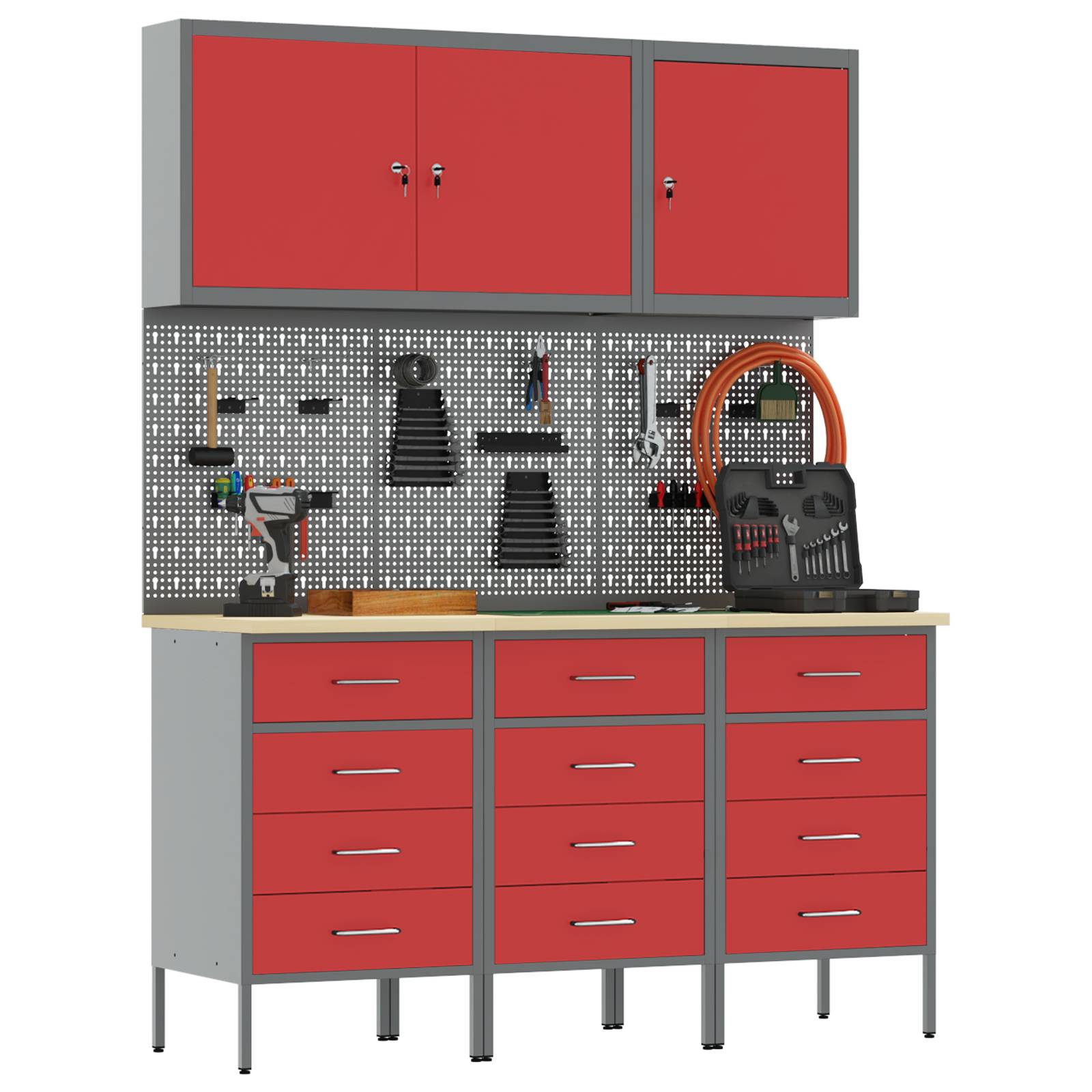 vidaXL 8-tlg. Werkstattschrank-Set mit Stecktafel Rot MDF und Metall