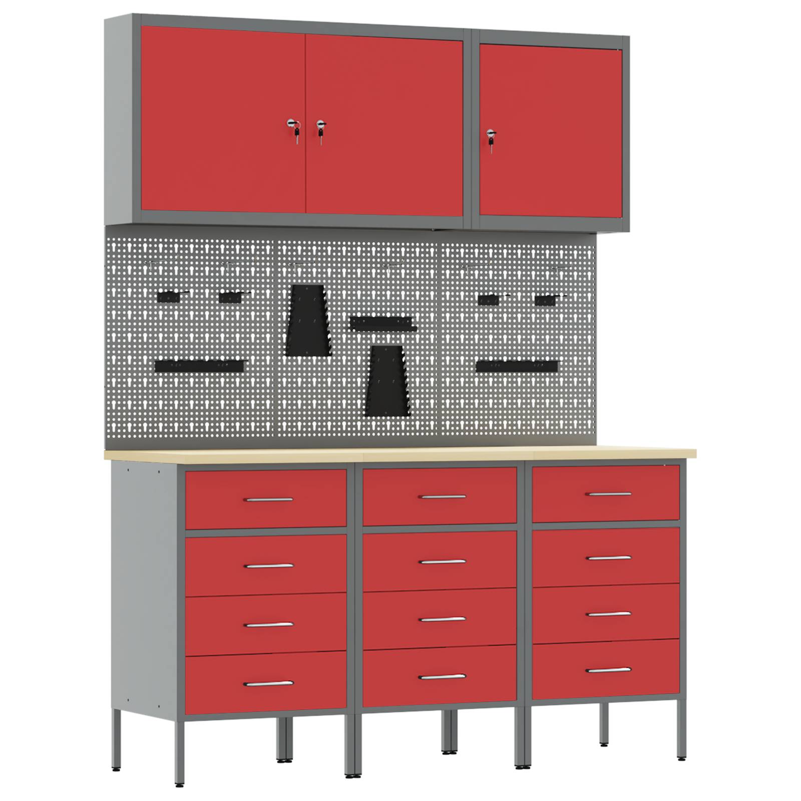 vidaXL 8-tlg. Werkstattschrank-Set mit Stecktafel Rot MDF und Metall
