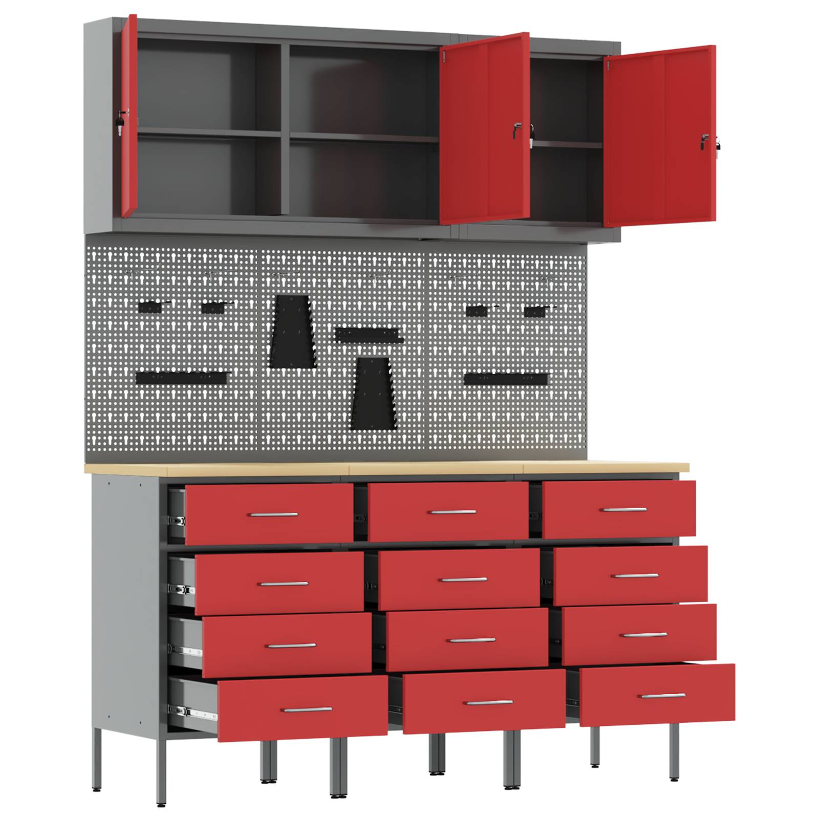 vidaXL 8-tlg. Werkstattschrank-Set mit Stecktafel Rot MDF und Metall