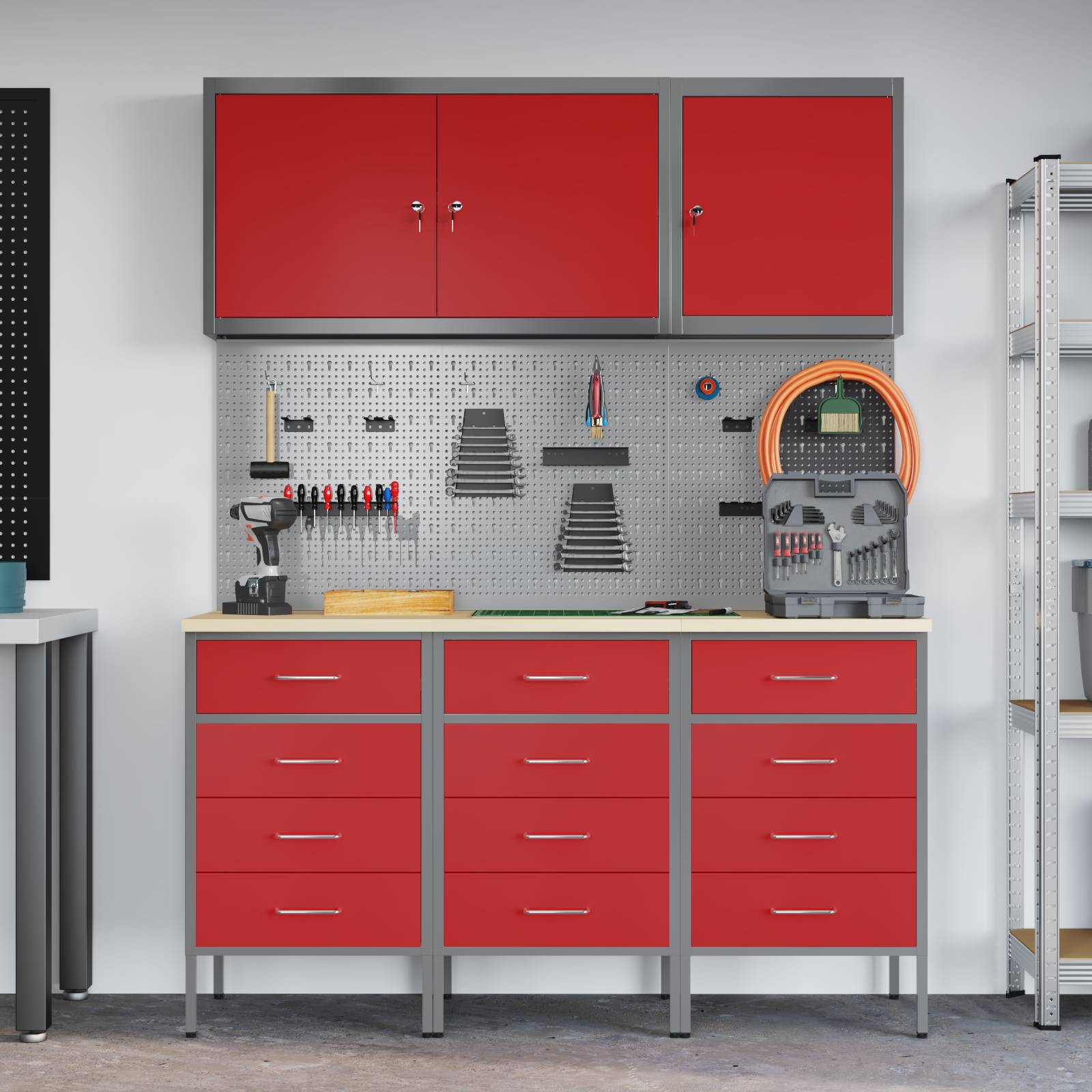 vidaXL 8-tlg. Werkstattschrank-Set mit Stecktafel Rot MDF und Metall
