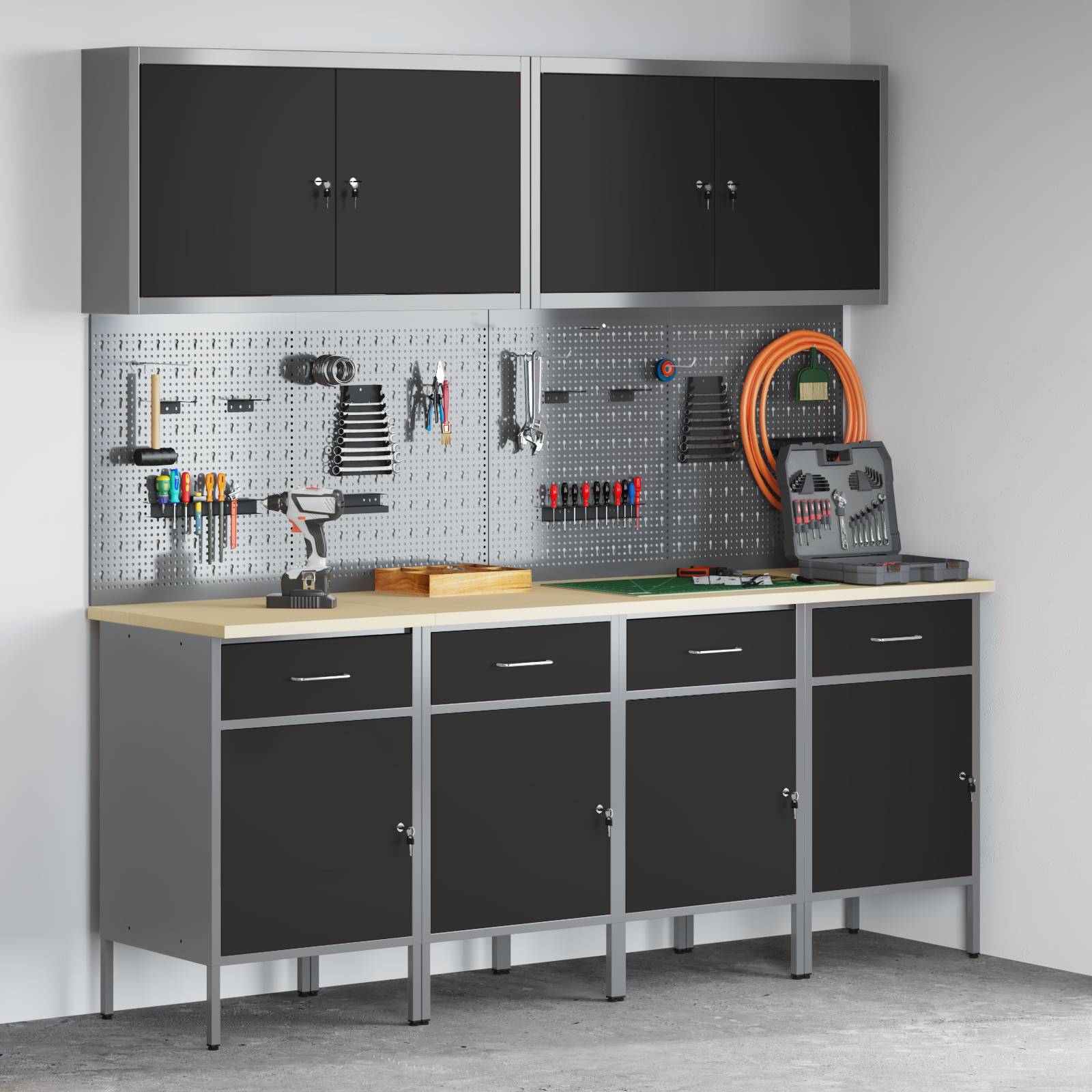 vidaXL 10-tlg. Werkstattschrank-Set mit Stecktafel Schwarz MDF Metall