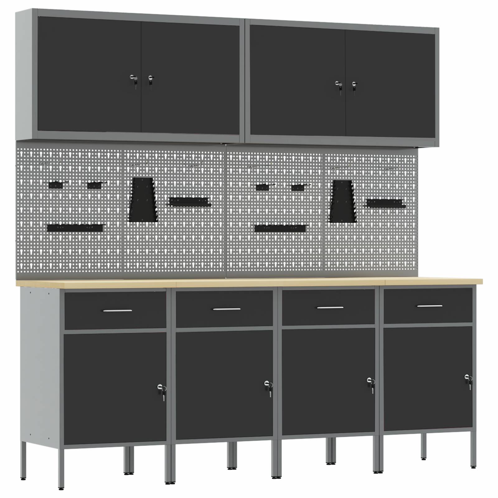 vidaXL 10-tlg. Werkstattschrank-Set mit Stecktafel Schwarz MDF Metall