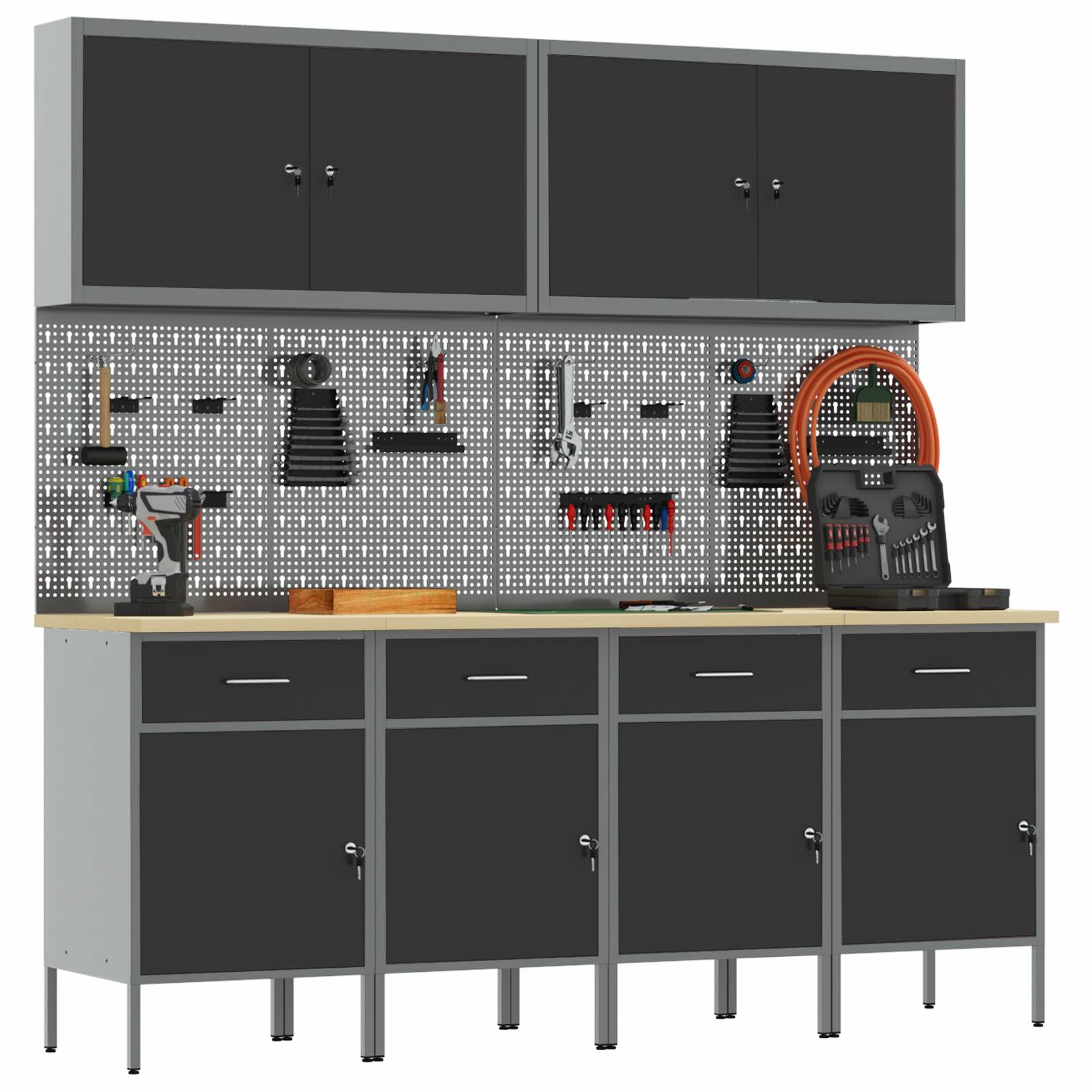 vidaXL 10-tlg. Werkstattschrank-Set mit Stecktafel Schwarz MDF Metall