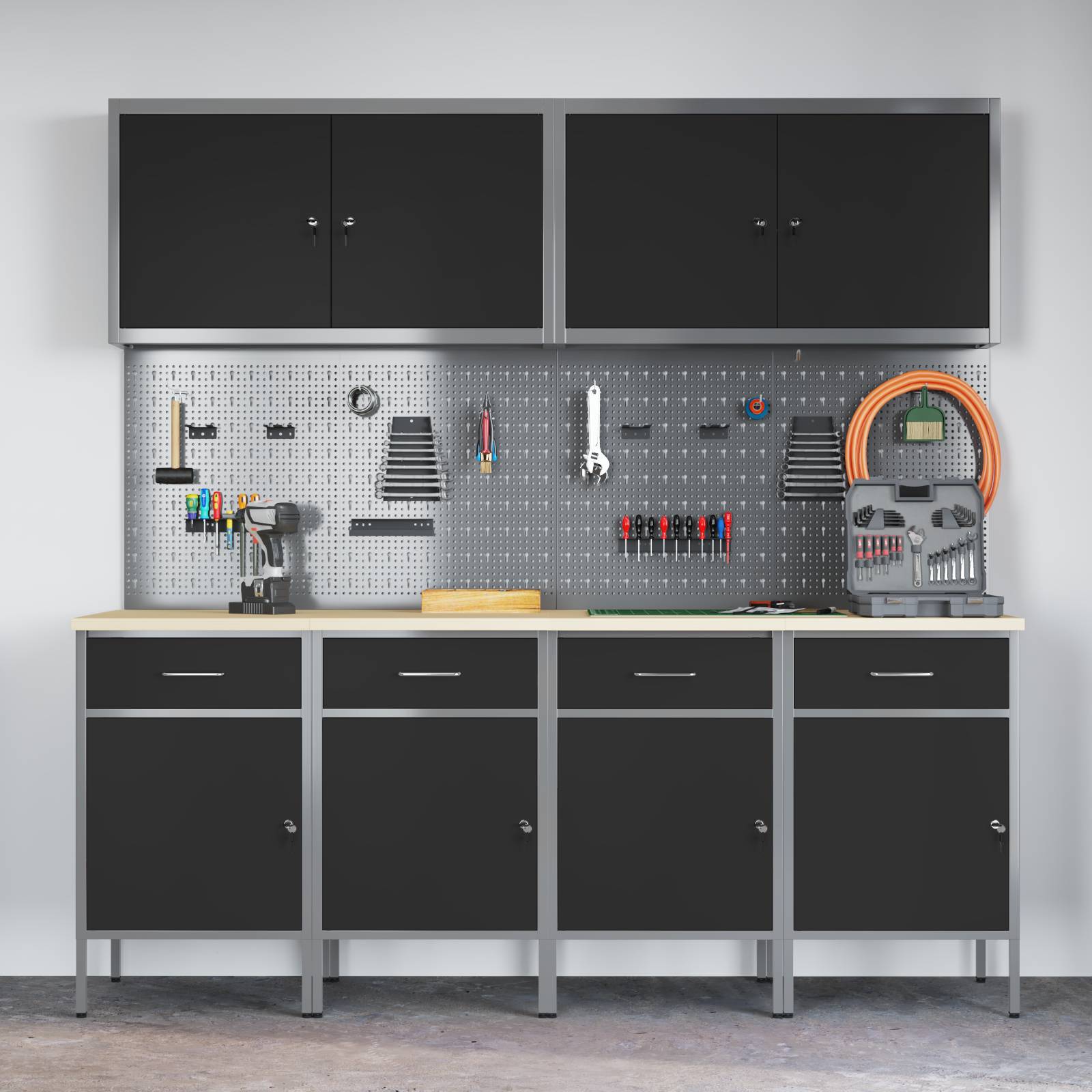 vidaXL 10-tlg. Werkstattschrank-Set mit Stecktafel Schwarz MDF Metall