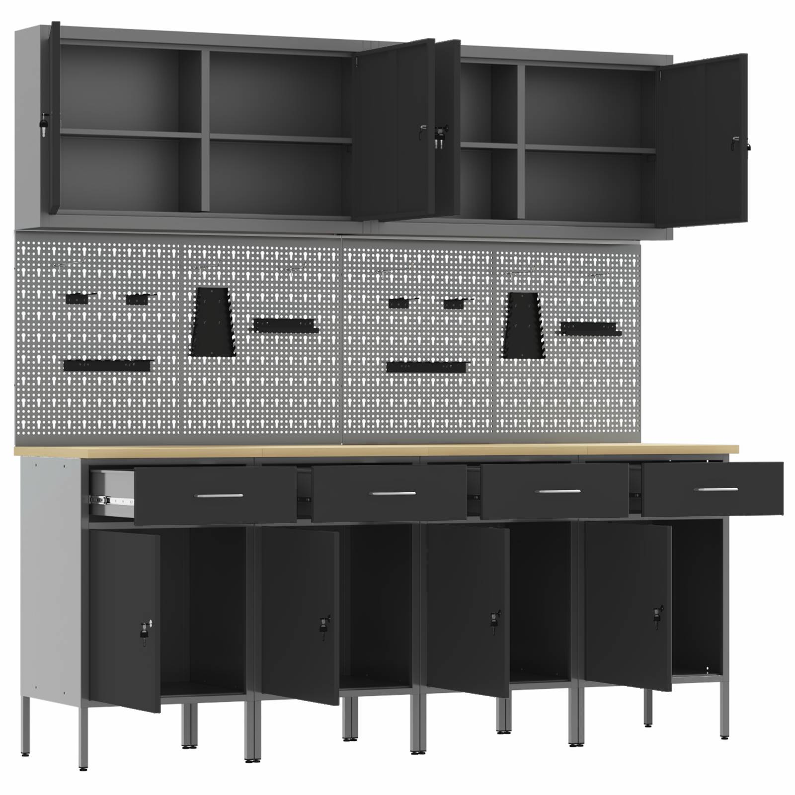 vidaXL 10-tlg. Werkstattschrank-Set mit Stecktafel Schwarz MDF Metall