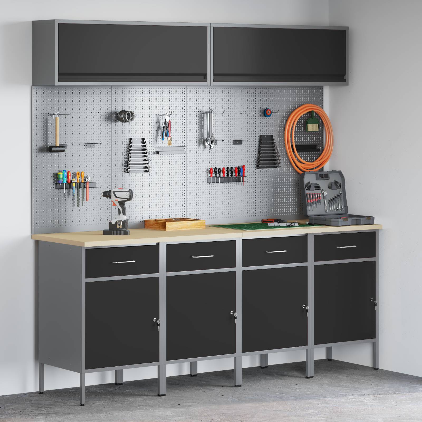 vidaXL 10-tlg. Werkstattschrank-Set mit Stecktafel Schwarz MDF Metall