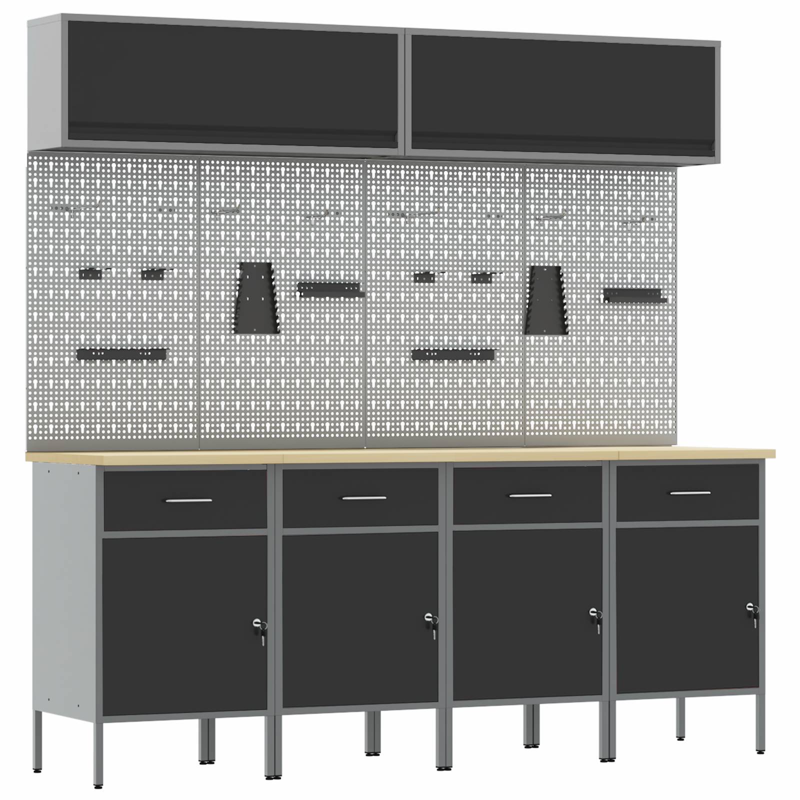 vidaXL 10-tlg. Werkstattschrank-Set mit Stecktafel Schwarz MDF Metall