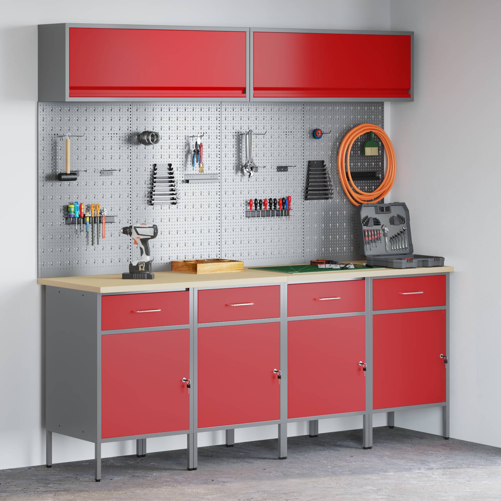 vidaXL 10-tlg. Werkstattschrank-Set mit Stecktafel Rot MDF Metall