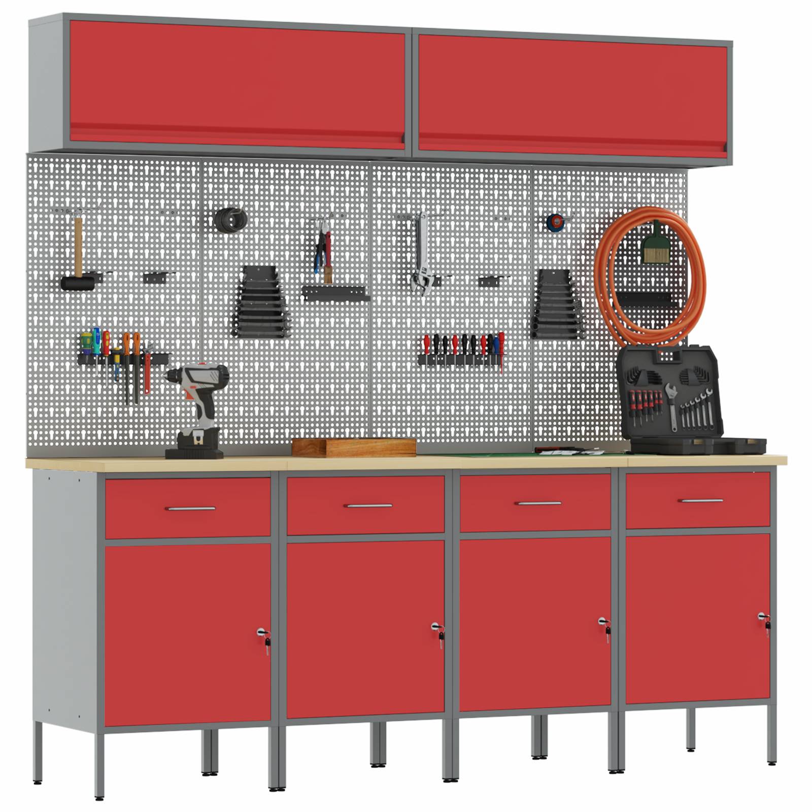 vidaXL 10-tlg. Werkstattschrank-Set mit Stecktafel Rot MDF Metall