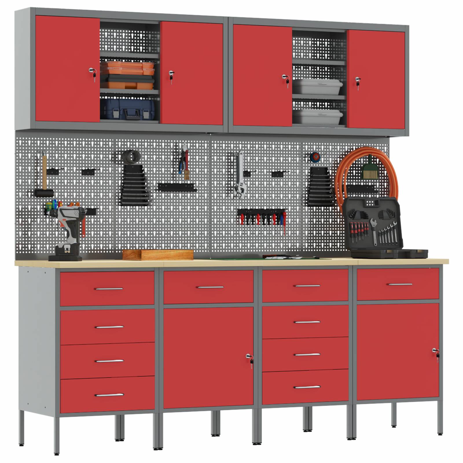vidaXL 10-tlg. Werkstattschrank-Set mit Stecktafel Rot MDF Metall