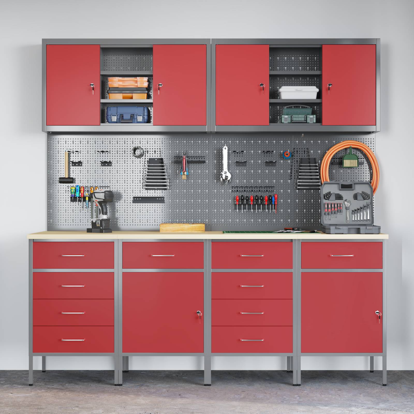 vidaXL 10-tlg. Werkstattschrank-Set mit Stecktafel Rot MDF Metall