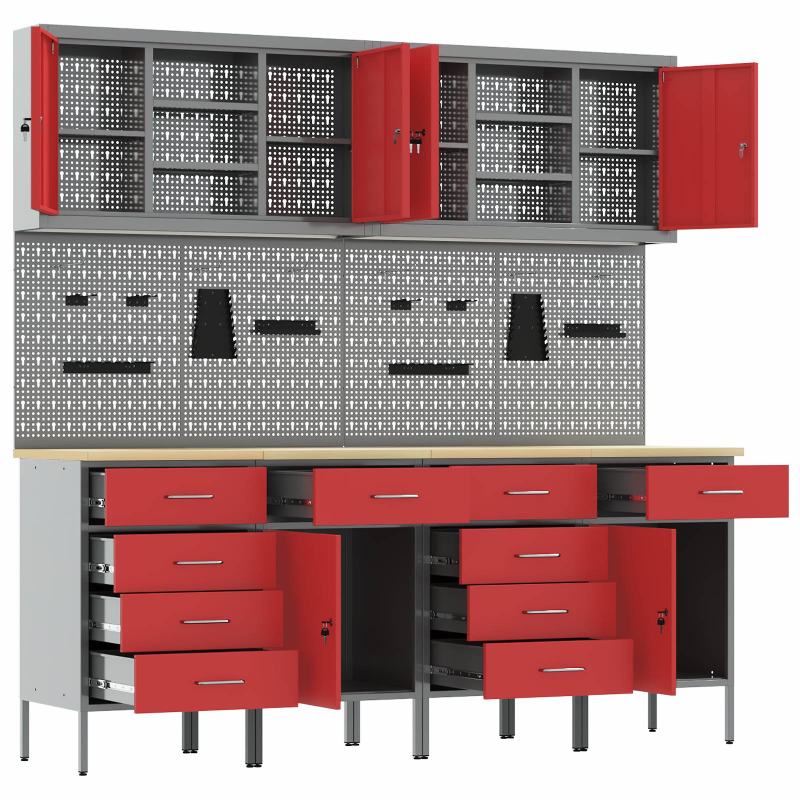 vidaXL 10-tlg. Werkstattschrank-Set mit Stecktafel Rot MDF Metall