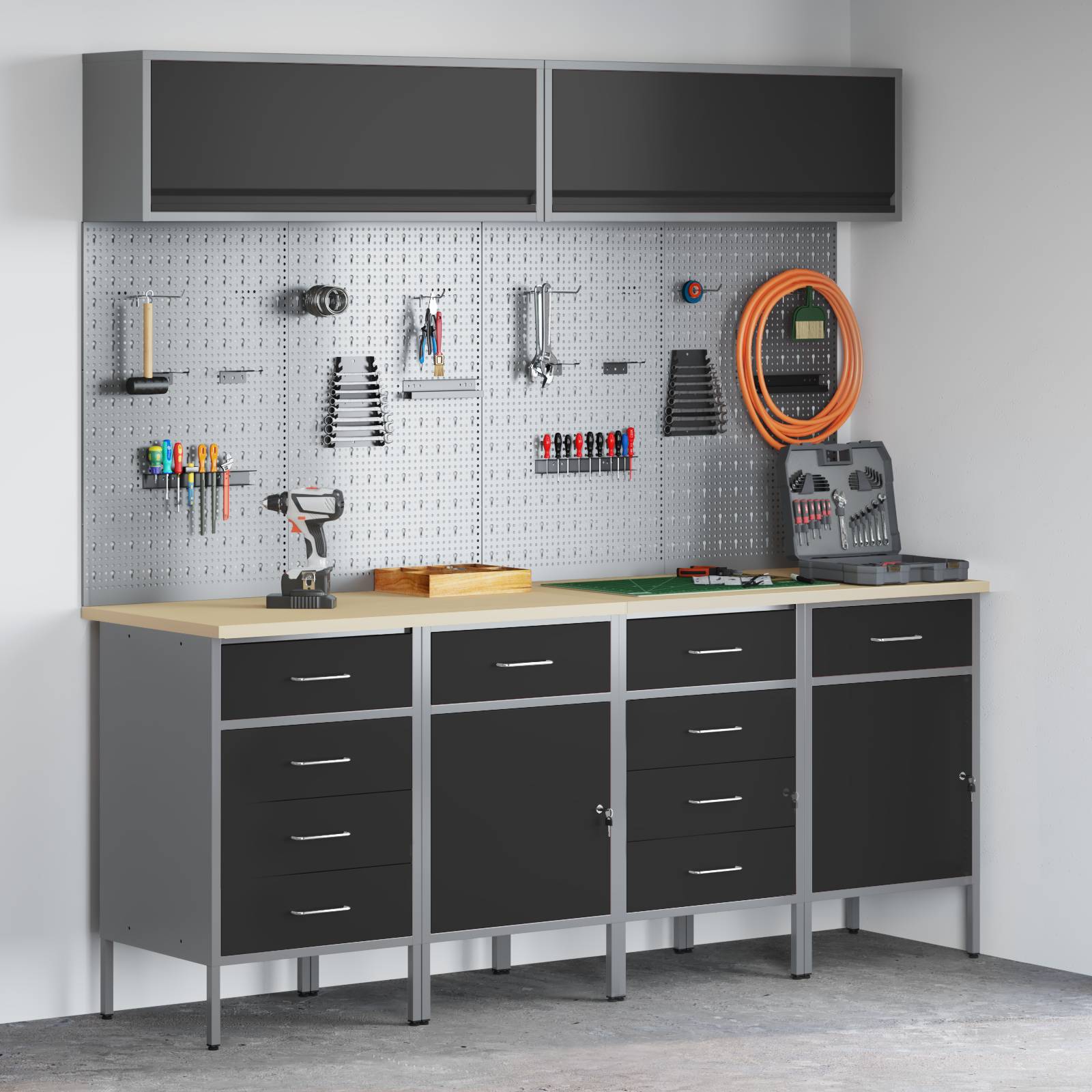 vidaXL 10-tlg. Werkstattschrank-Set mit Stecktafel Schwarz MDF Metall