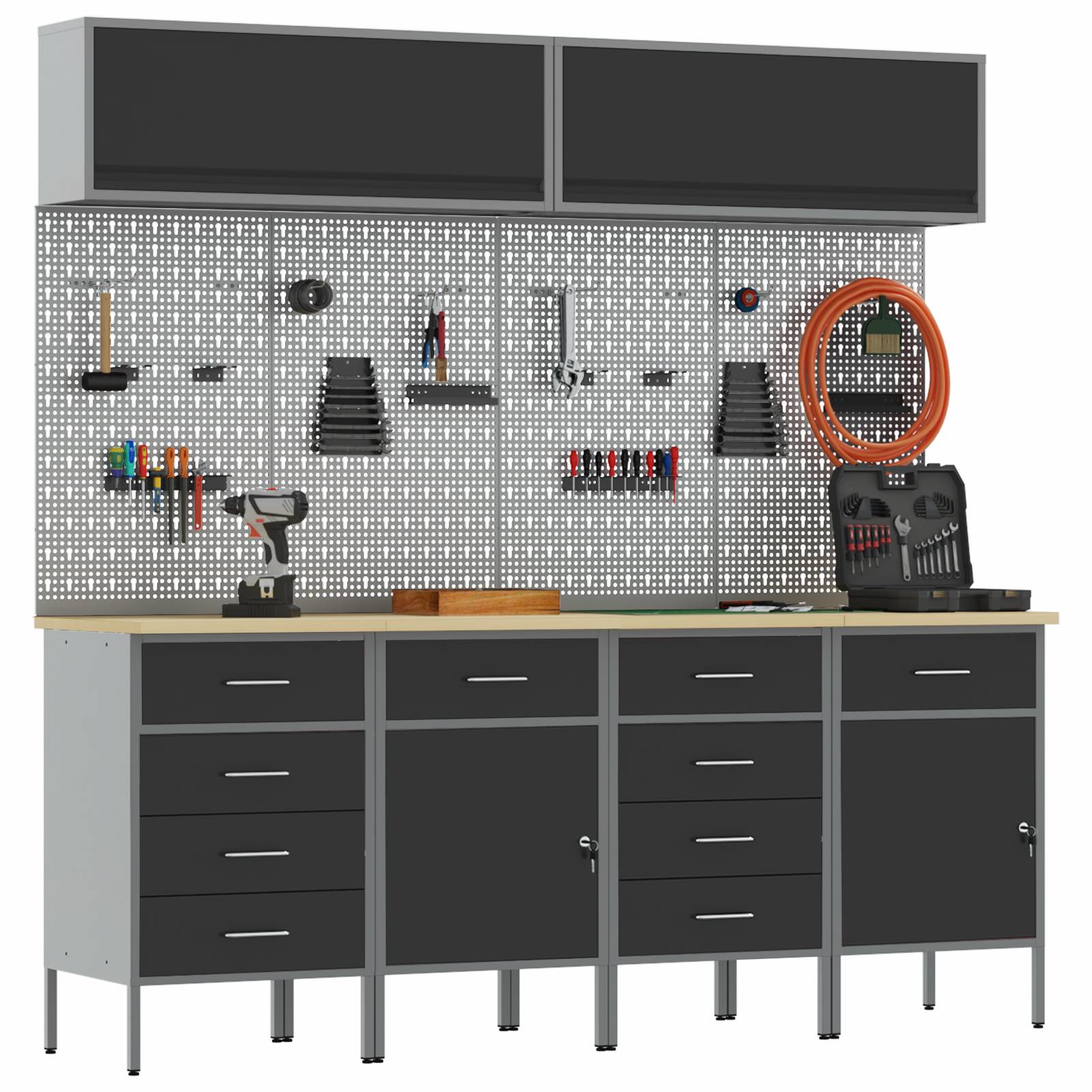 vidaXL 10-tlg. Werkstattschrank-Set mit Stecktafel Schwarz MDF Metall