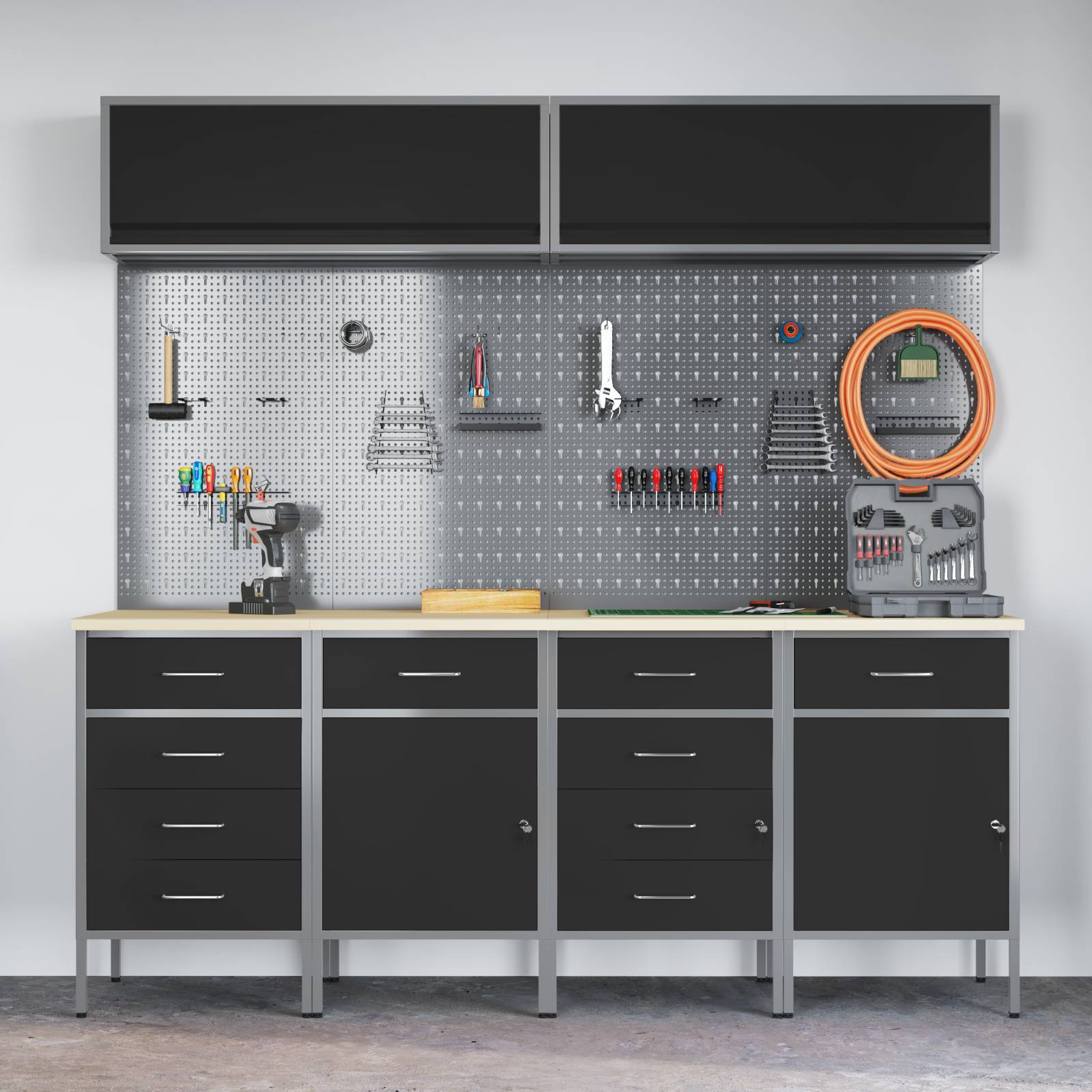 vidaXL 10-tlg. Werkstattschrank-Set mit Stecktafel Schwarz MDF Metall