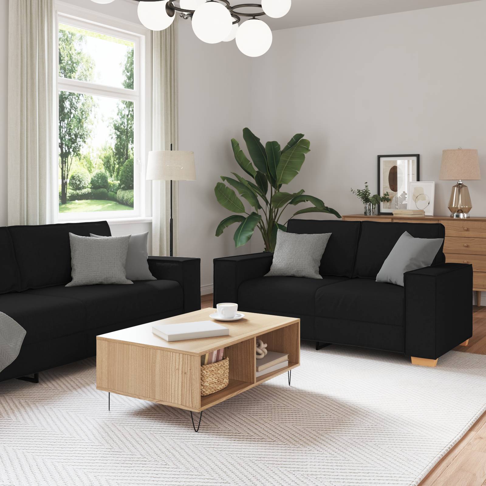 vidaXL 3-tlg. Sofagarnitur mit Kissen Schwarz Stoff