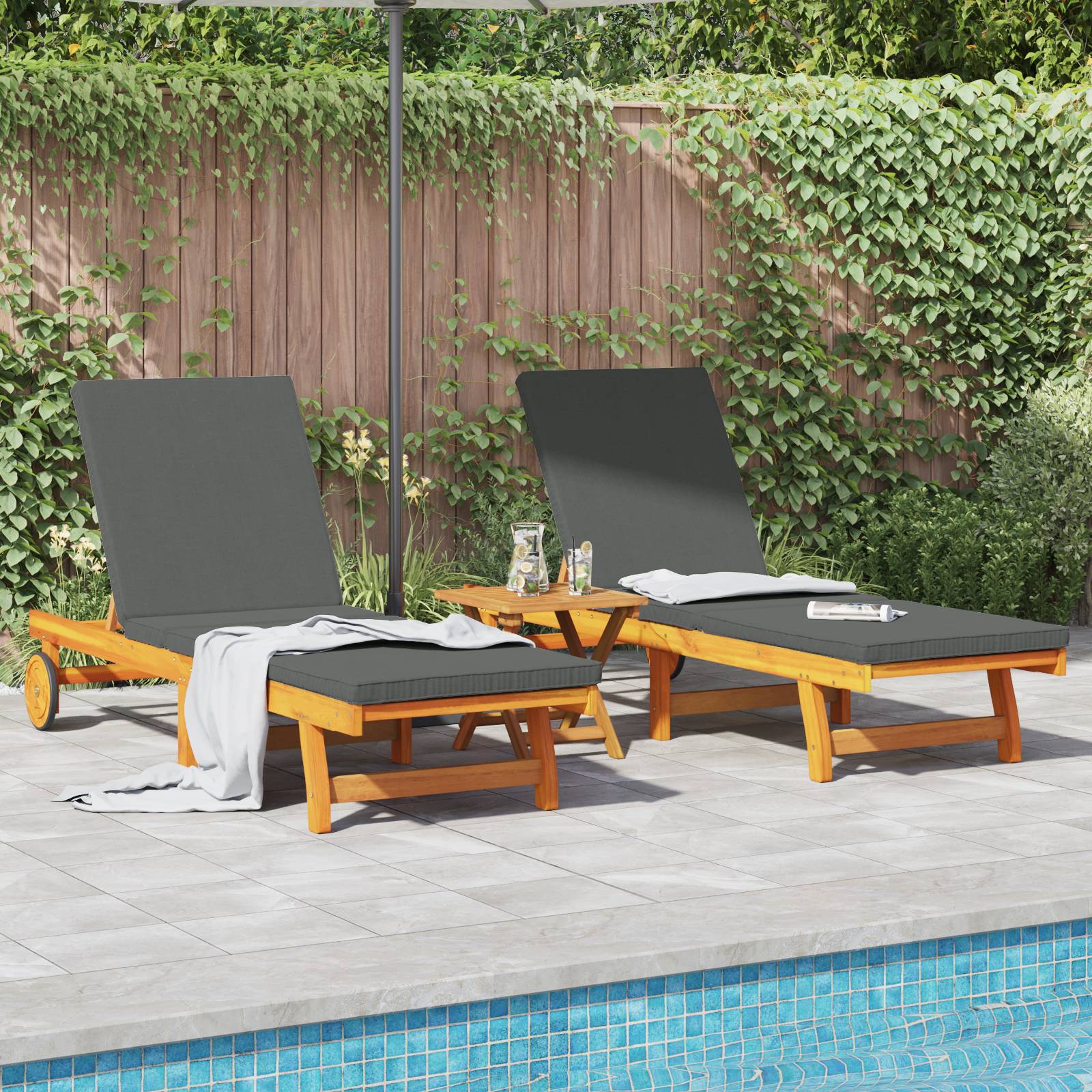 vidaXL Sonnenliegen 2 Stk. mit Rädern und Kissen Massivholz Akazie