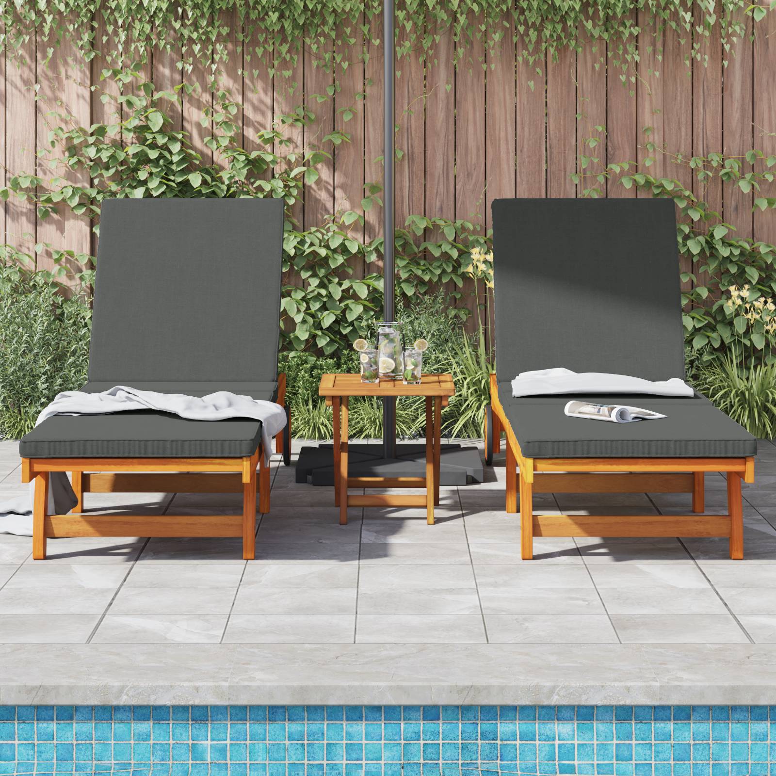 vidaXL Sonnenliegen 2 Stk. mit Rädern und Kissen Massivholz Akazie