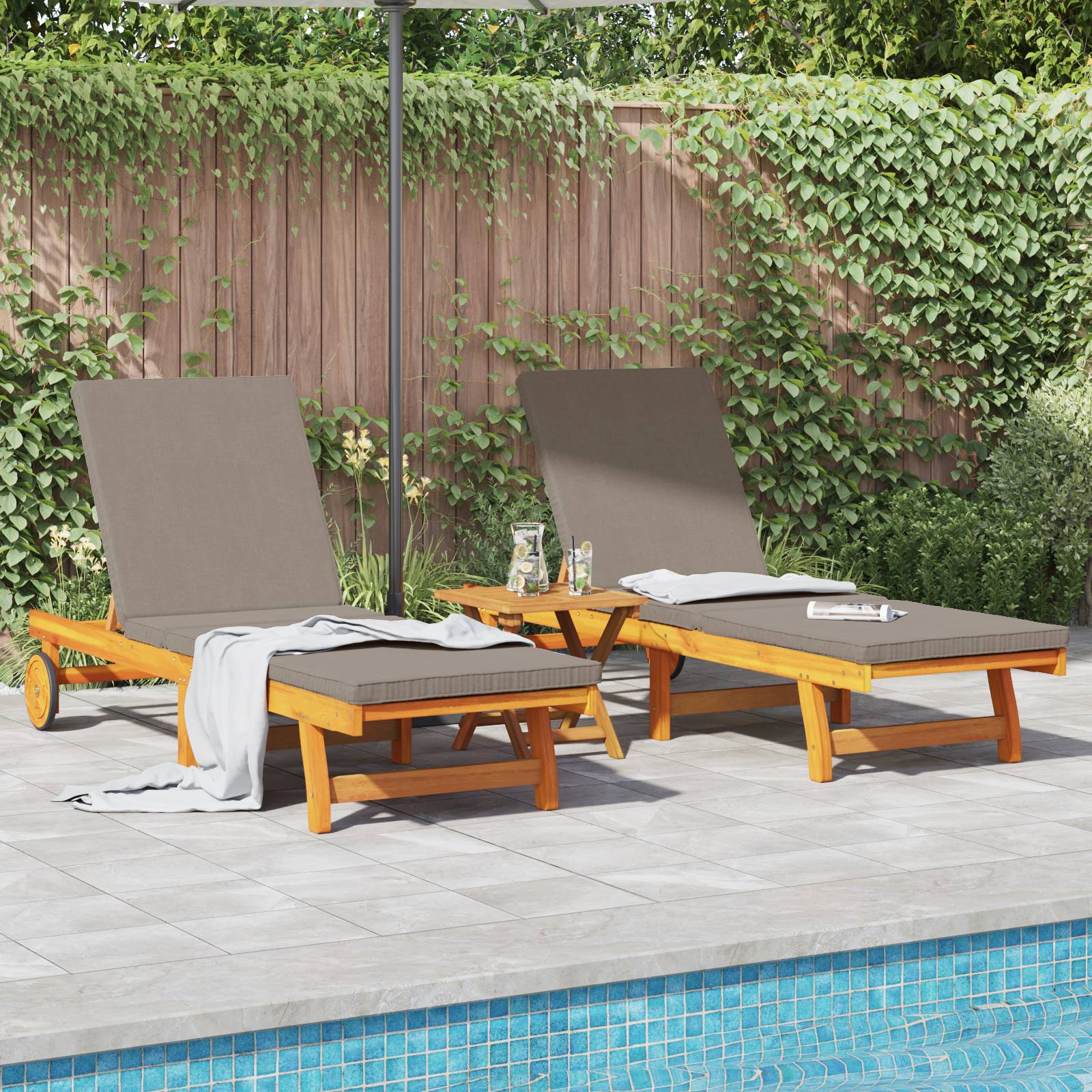 vidaXL Sonnenliegen 2 Stk. mit Rädern und Kissen Massivholz Akazie