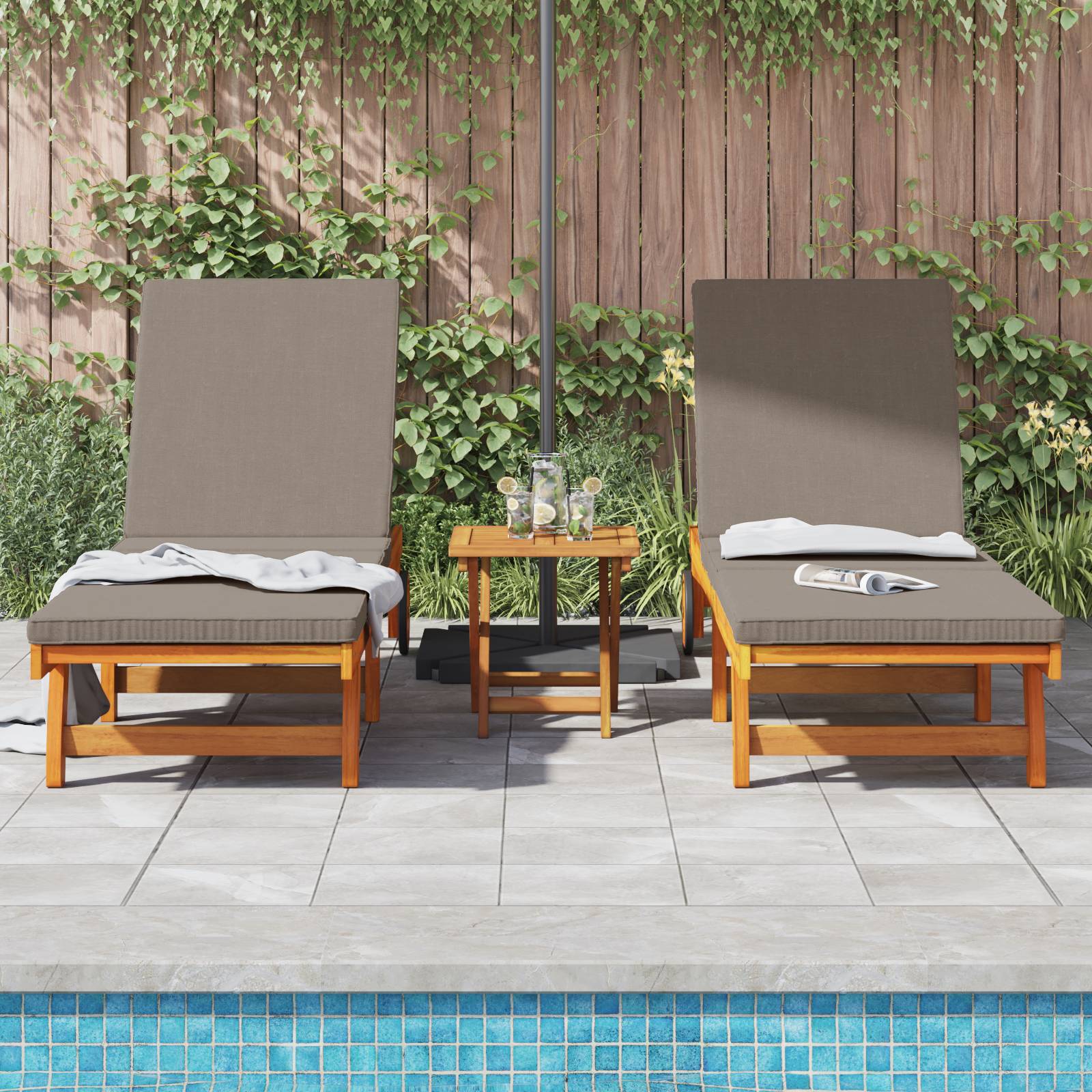 vidaXL Sonnenliegen 2 Stk. mit Rädern und Kissen Massivholz Akazie