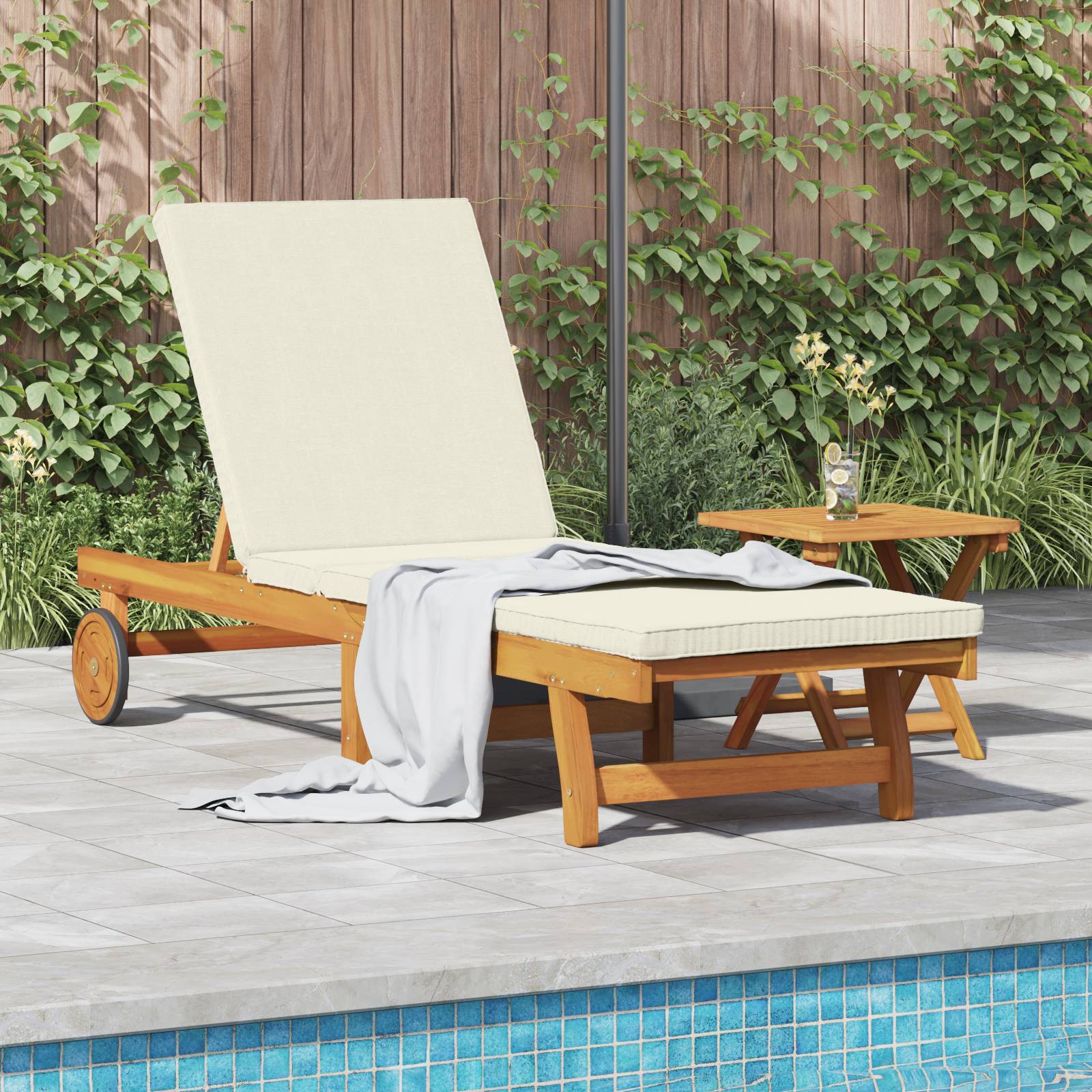 vidaXL Sonnenliege mit Rädern, Tisch und Kissen Massivholz Akazie
