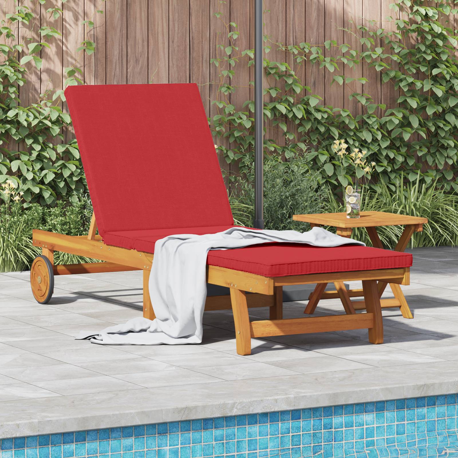 vidaXL Sonnenliege mit Rädern und Kissen Rot Massivholz