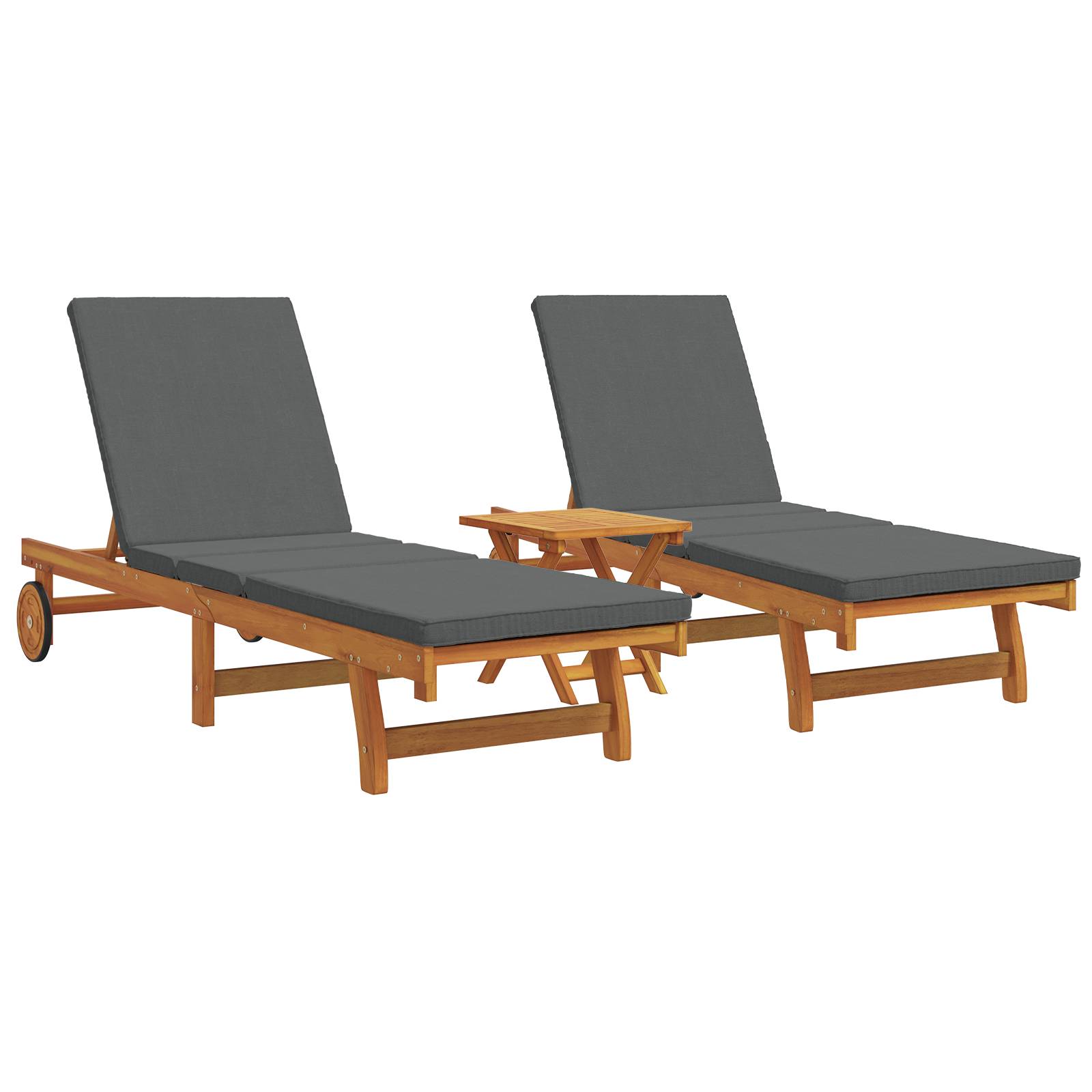 vidaXL Sonnenliegen 2 Stk. mit Rädern, Tisch und Kissen Akazienholz