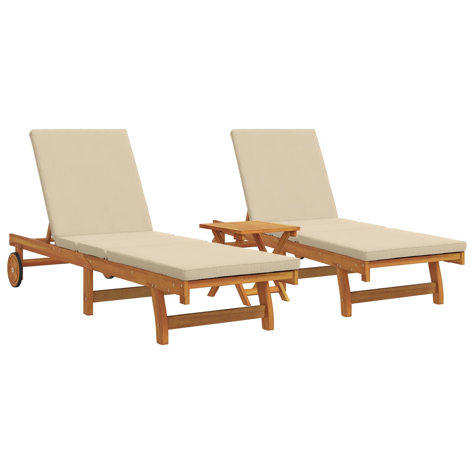 vidaXL Sonnenliegen im 2er Set mit Tisch und Kissen aus Akazienholz