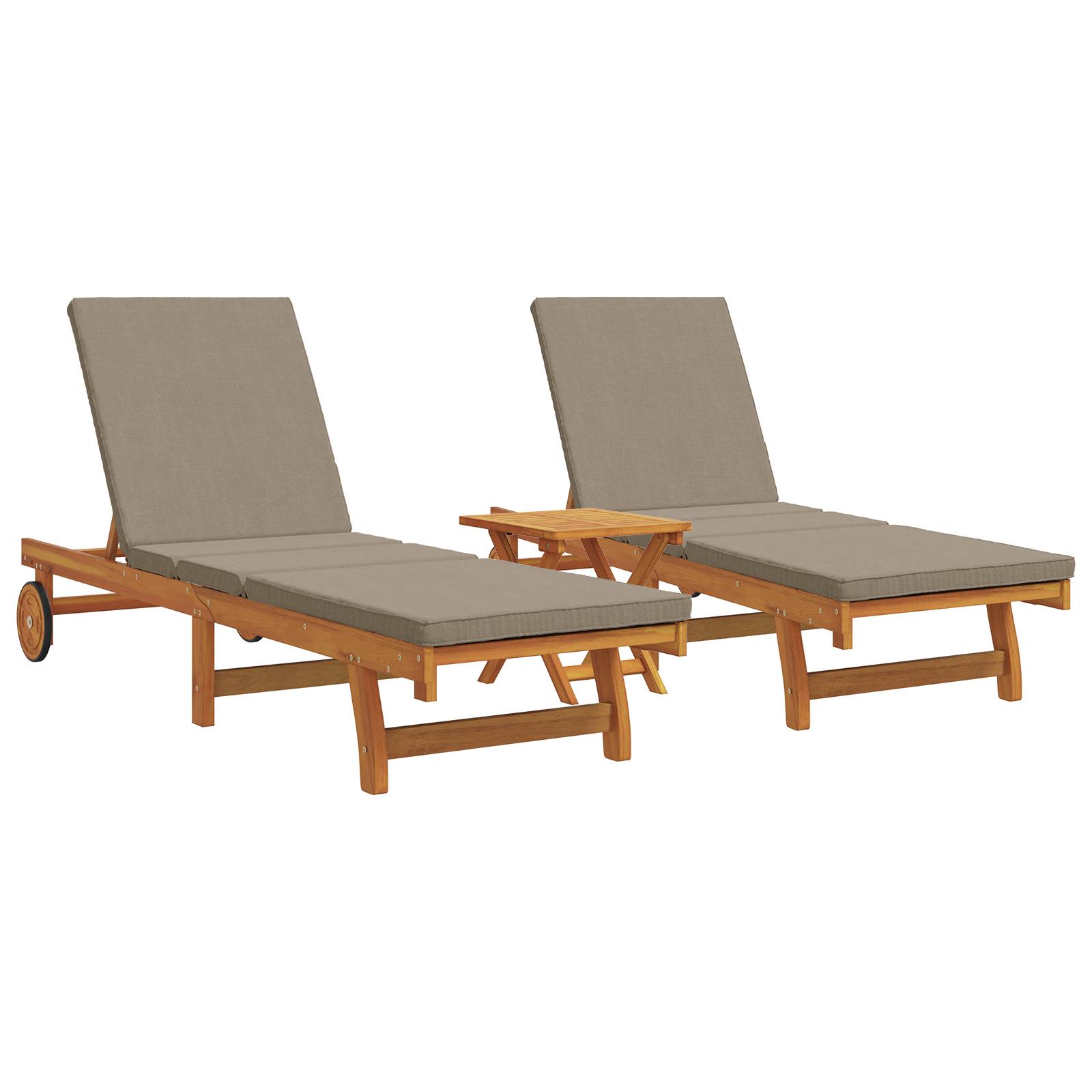 vidaXL Sonnenliegen 2 Stk. mit Rädern, Tisch und Kissen Akazienholz