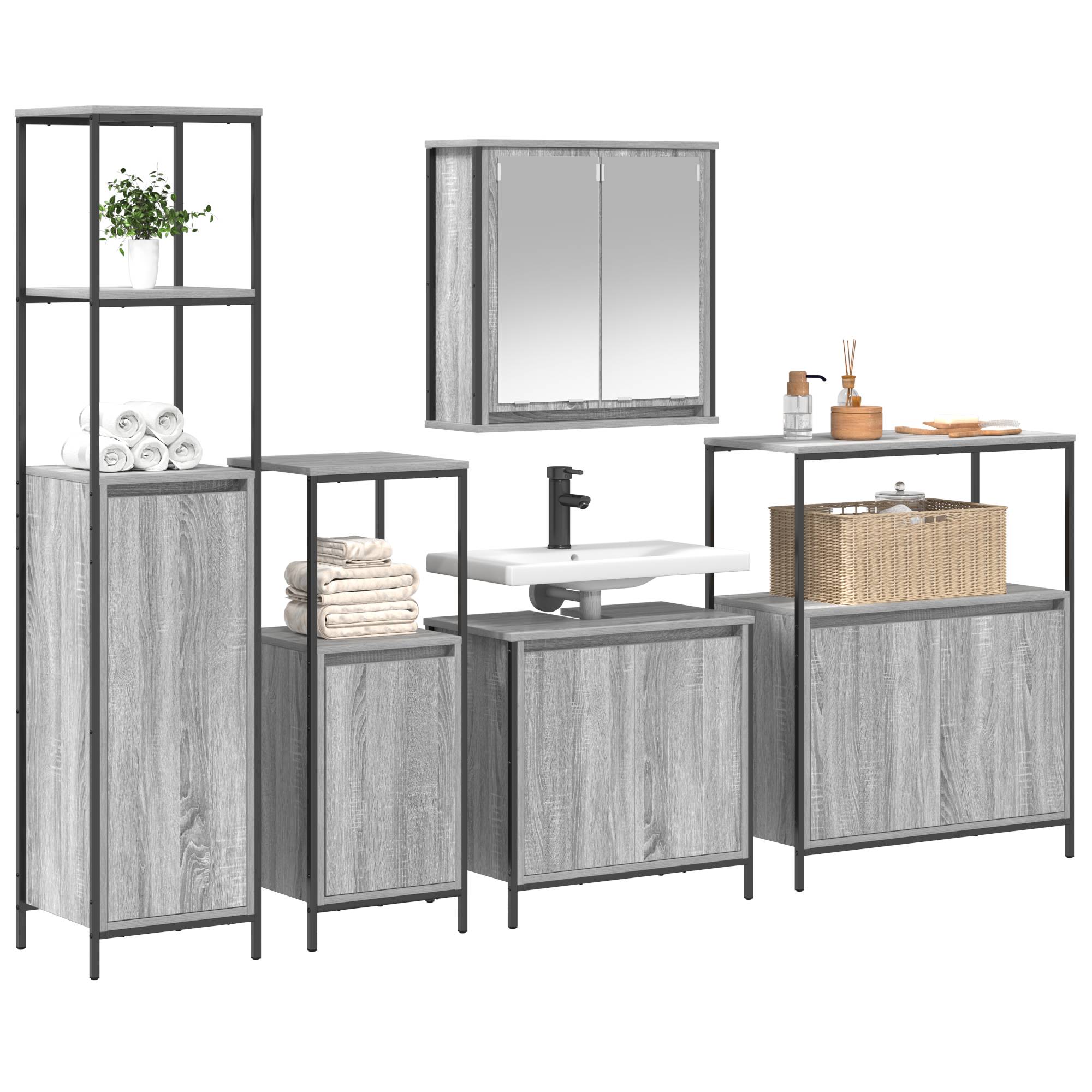vidaXL 5-tlg. Badmöbel-Set Grau Sonoma Holzwerkstoff