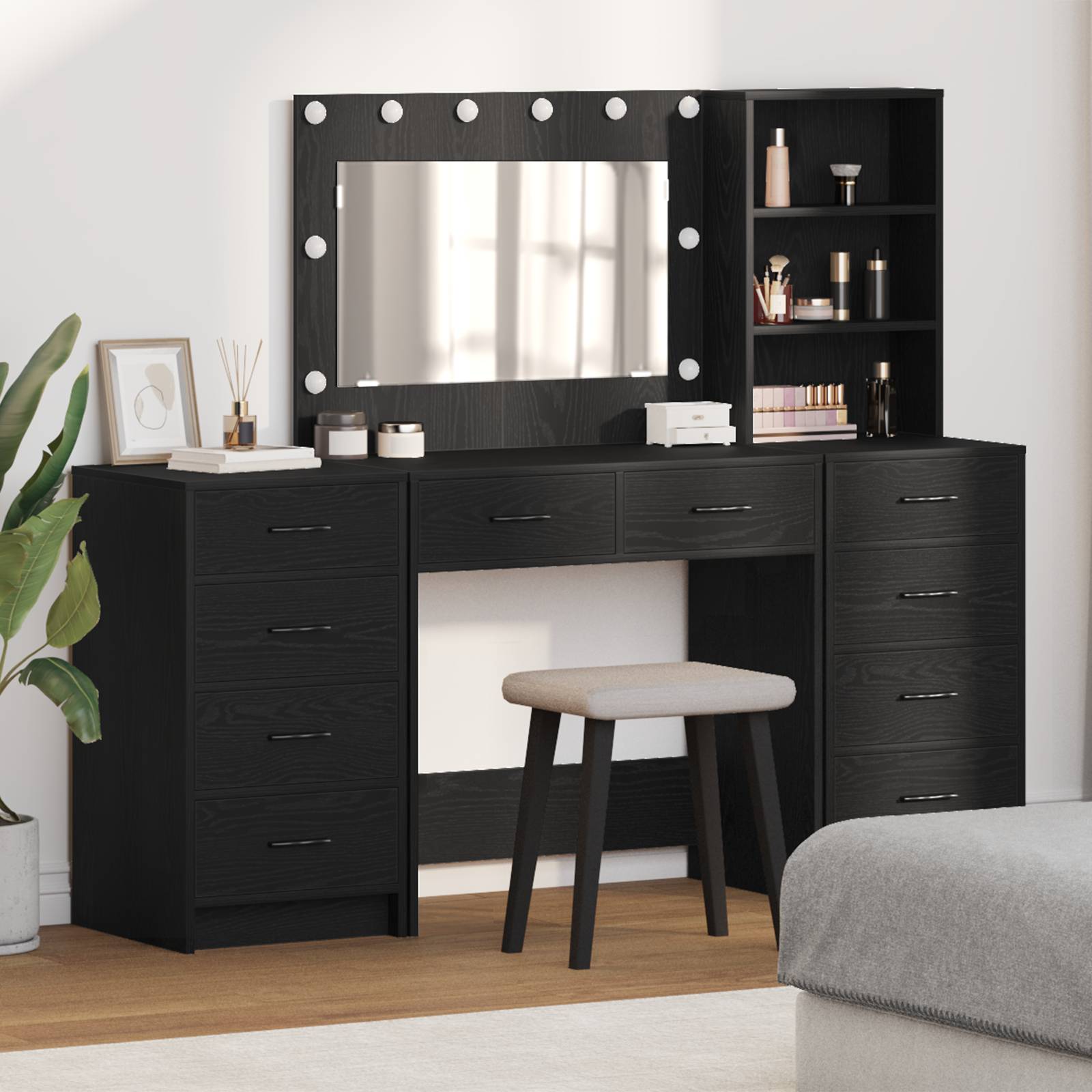 vidaXL 3-tlg. Schminktisch-Set mit LED-Leuchten Schwarz Holzwerkstoff