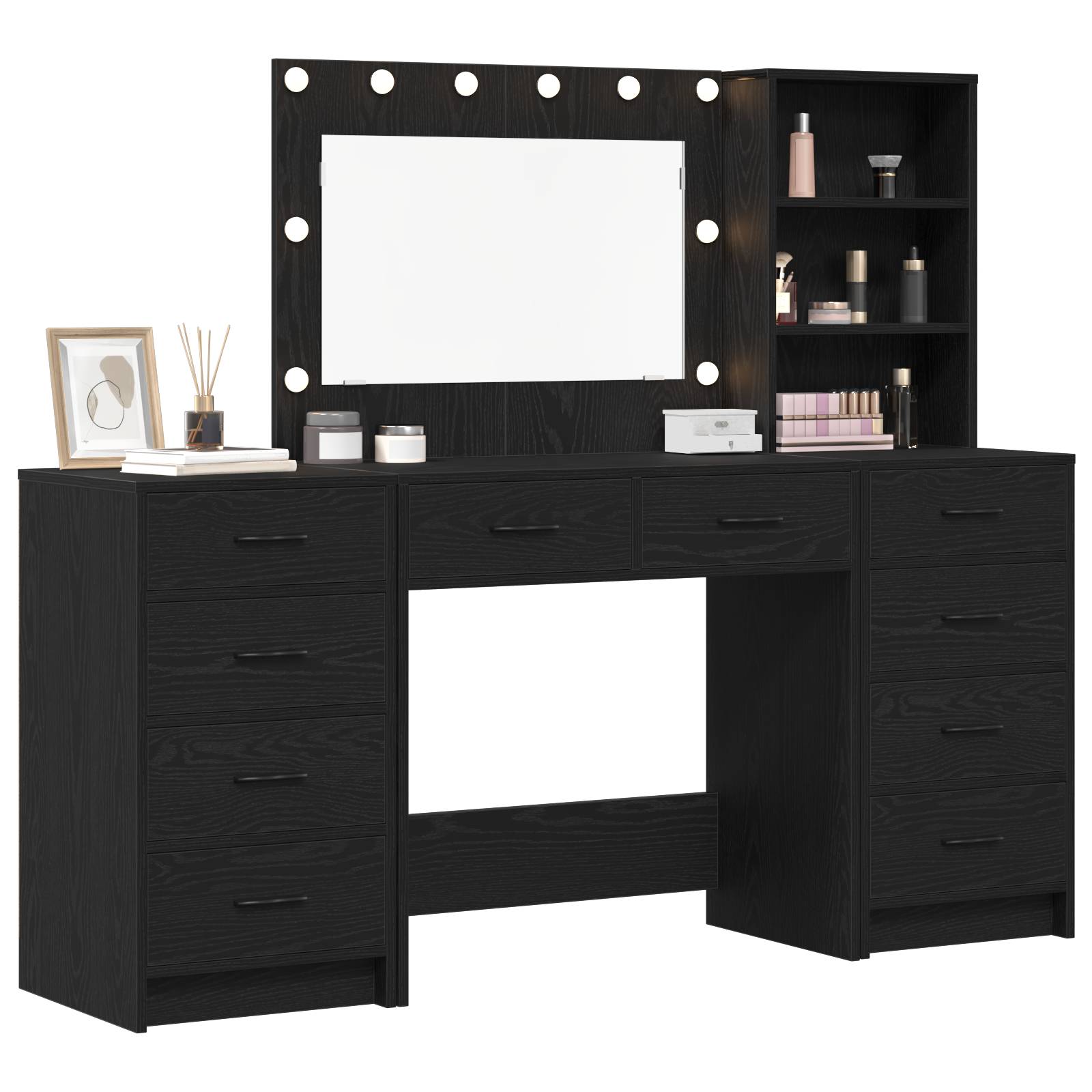 vidaXL 3-tlg. Schminktisch-Set mit LED-Leuchten Schwarz Holzwerkstoff