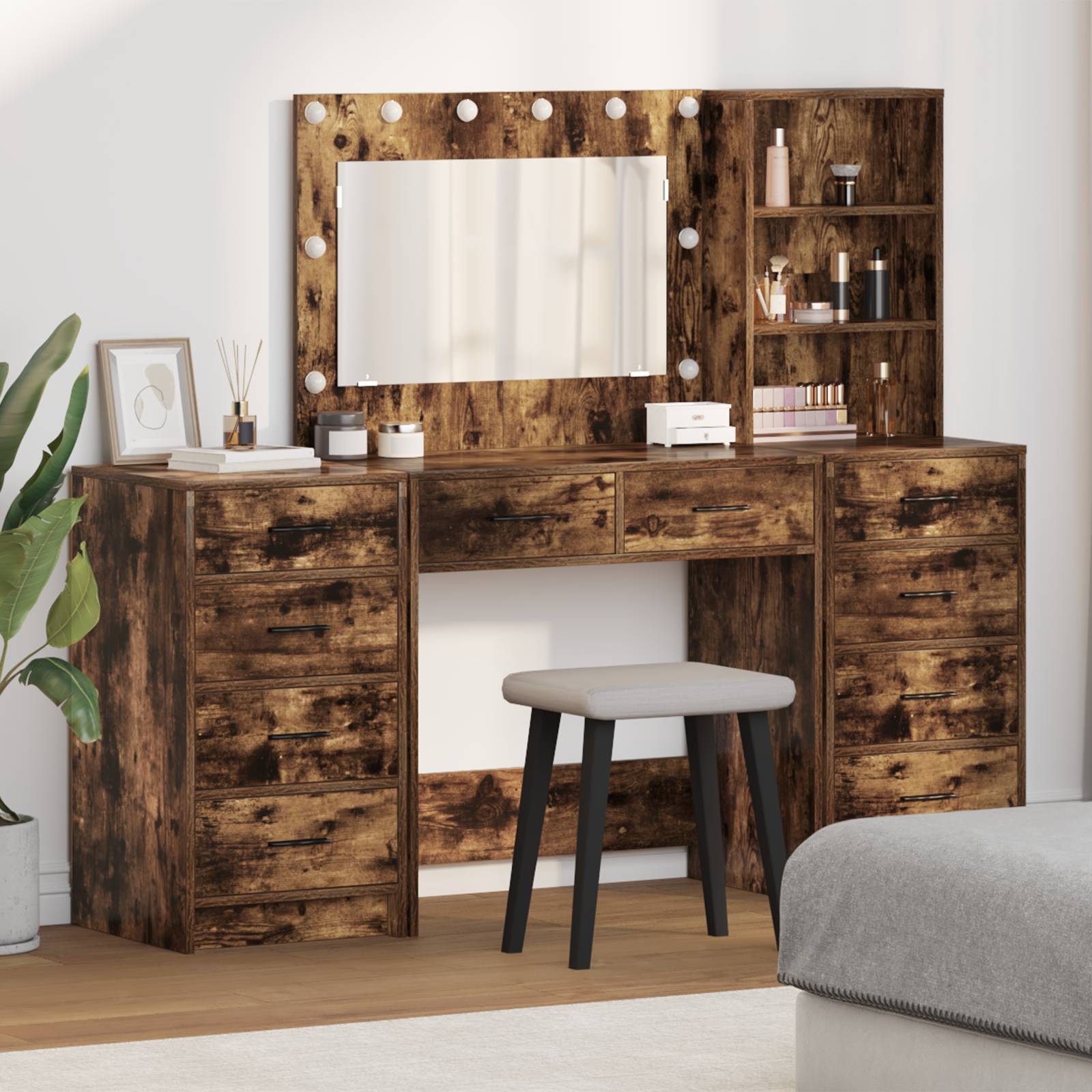 vidaXL 3-tlg. Schminktisch-Set mit LED-Leuchten Räuchereiche