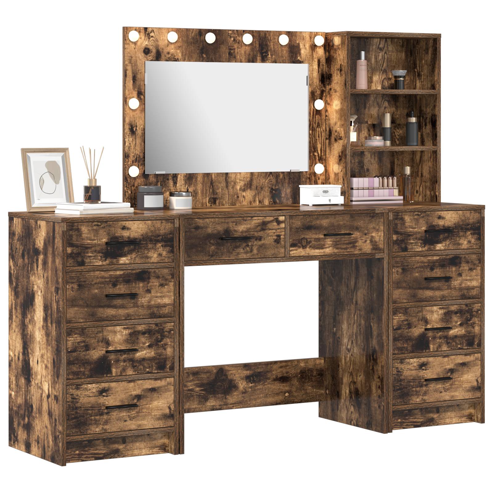 vidaXL 3-tlg. Schminktisch-Set mit LED-Leuchten Räuchereiche