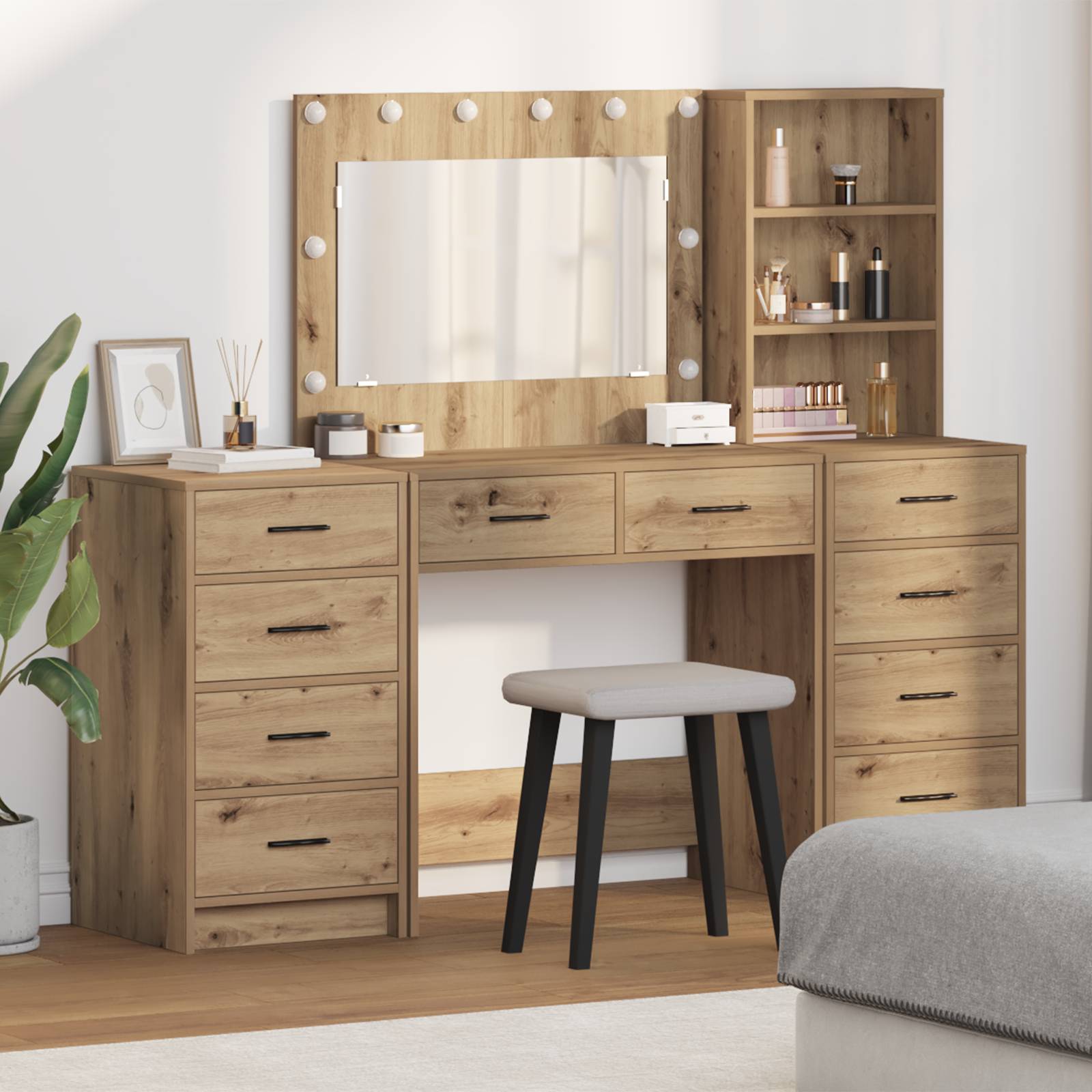 vidaXL 3-tlg. Schminktisch-Set mit LED-Leuchten Artisan Eiche