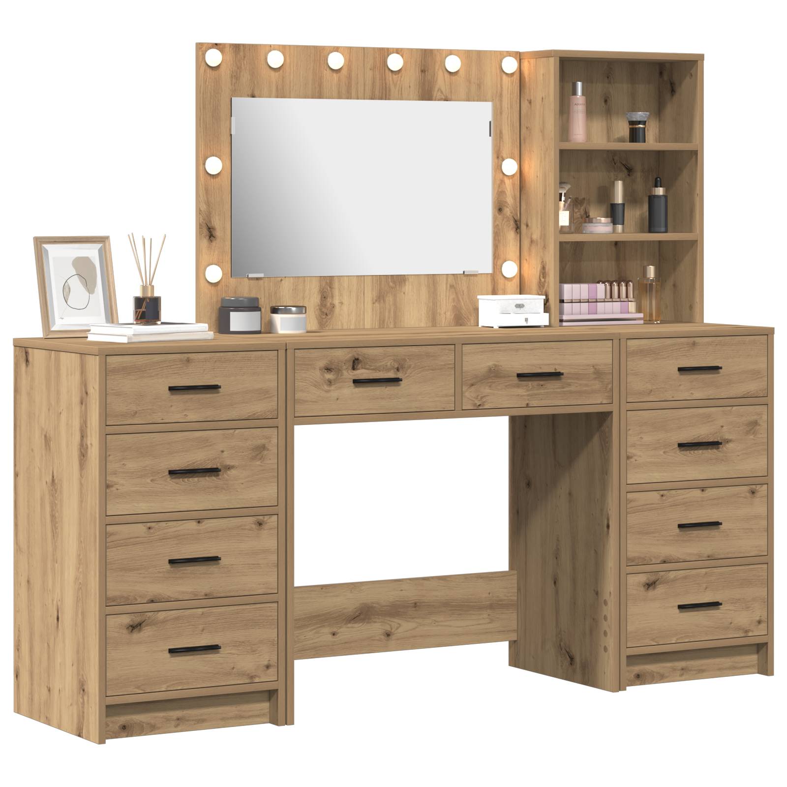 vidaXL 3-tlg. Schminktisch-Set mit LED-Leuchten Artisan Eiche