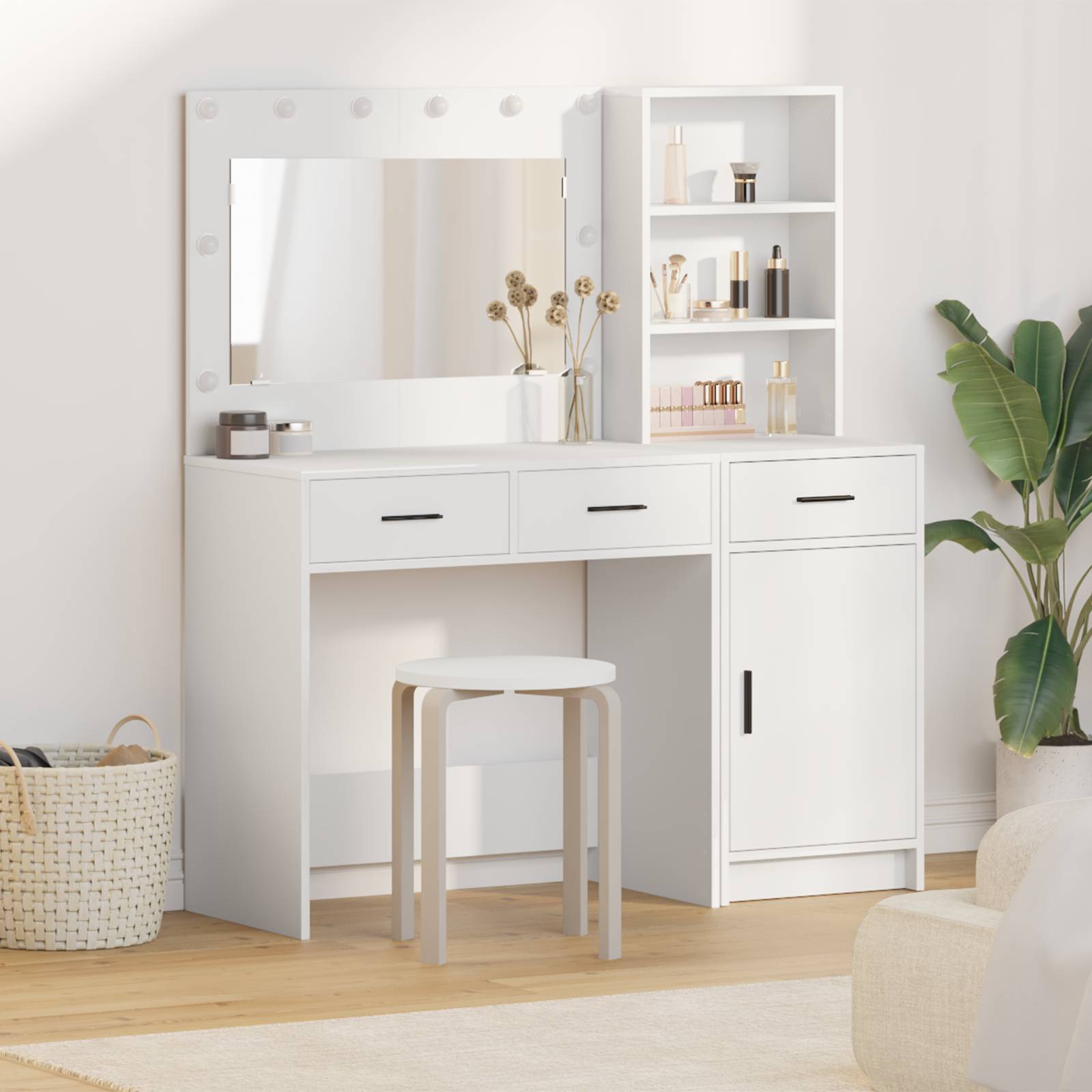 vidaXL 2-tlg. Schminktisch-Set mit LED-Leuchten Weiß Holzwerkstoff
