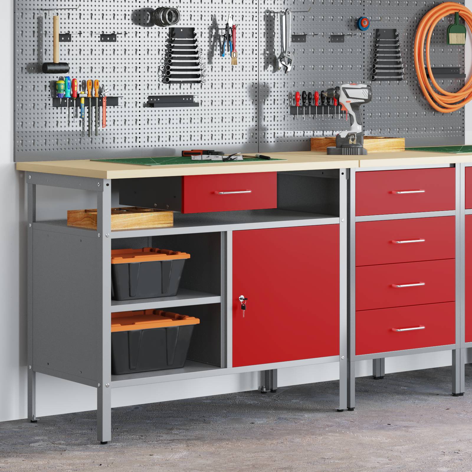 vidaXL Werkbank mit Abschließbarer Tür Rot 100x55x85 cm Stahl