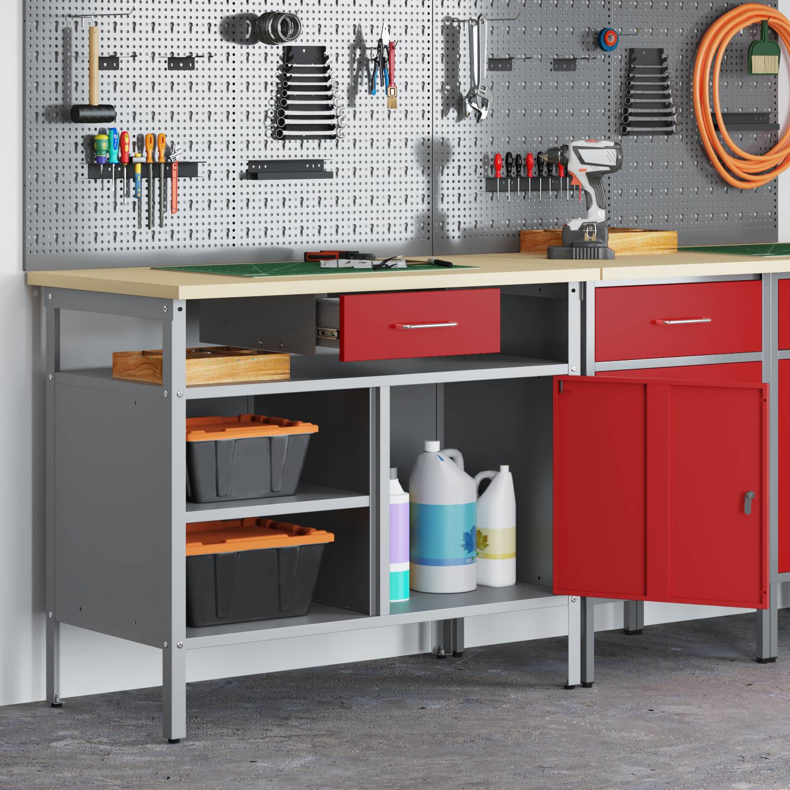 vidaXL Werkbank mit Abschließbarer Tür Rot 100x55x85 cm Stahl