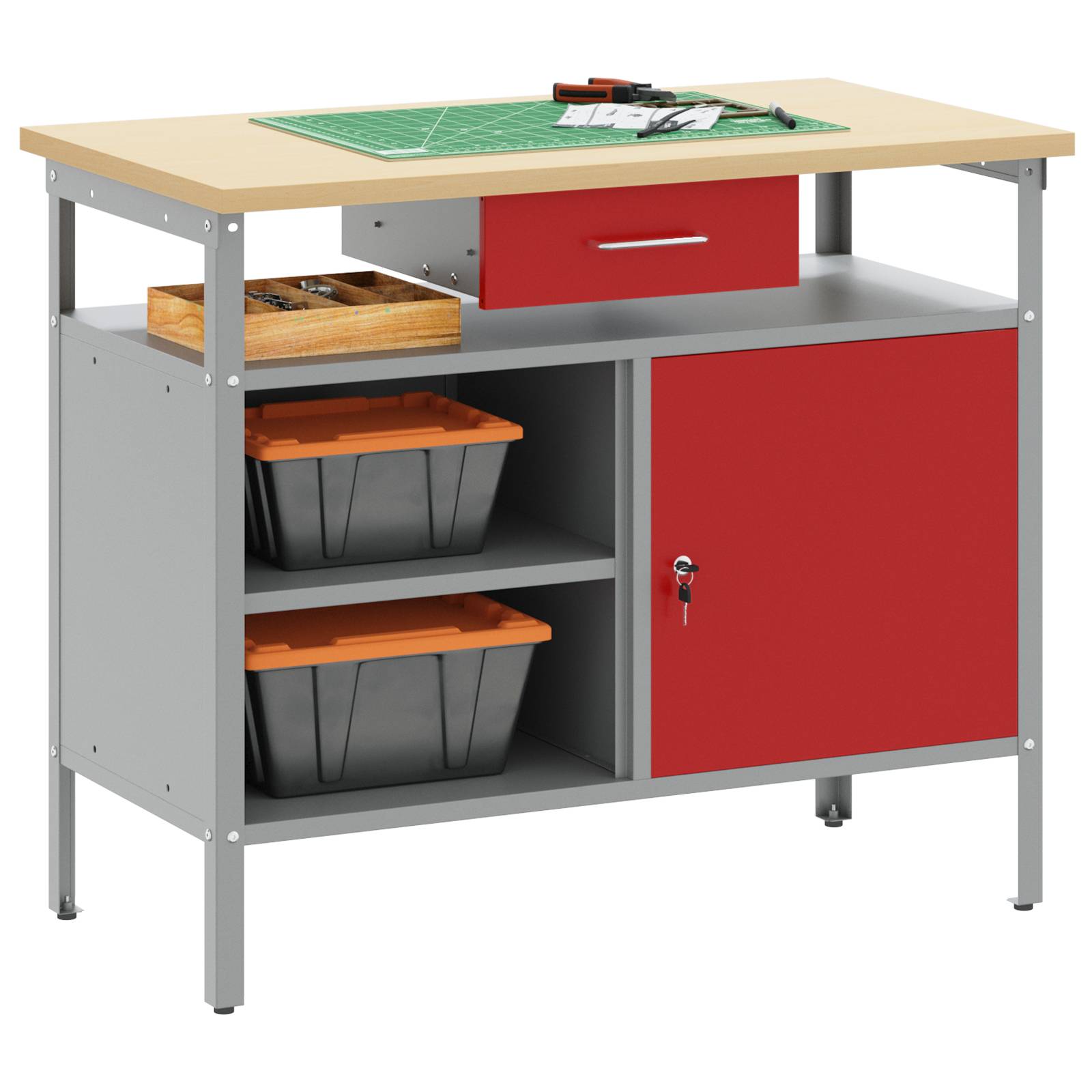 vidaXL Werkbank mit Abschließbarer Tür Rot 100x55x85 cm Stahl