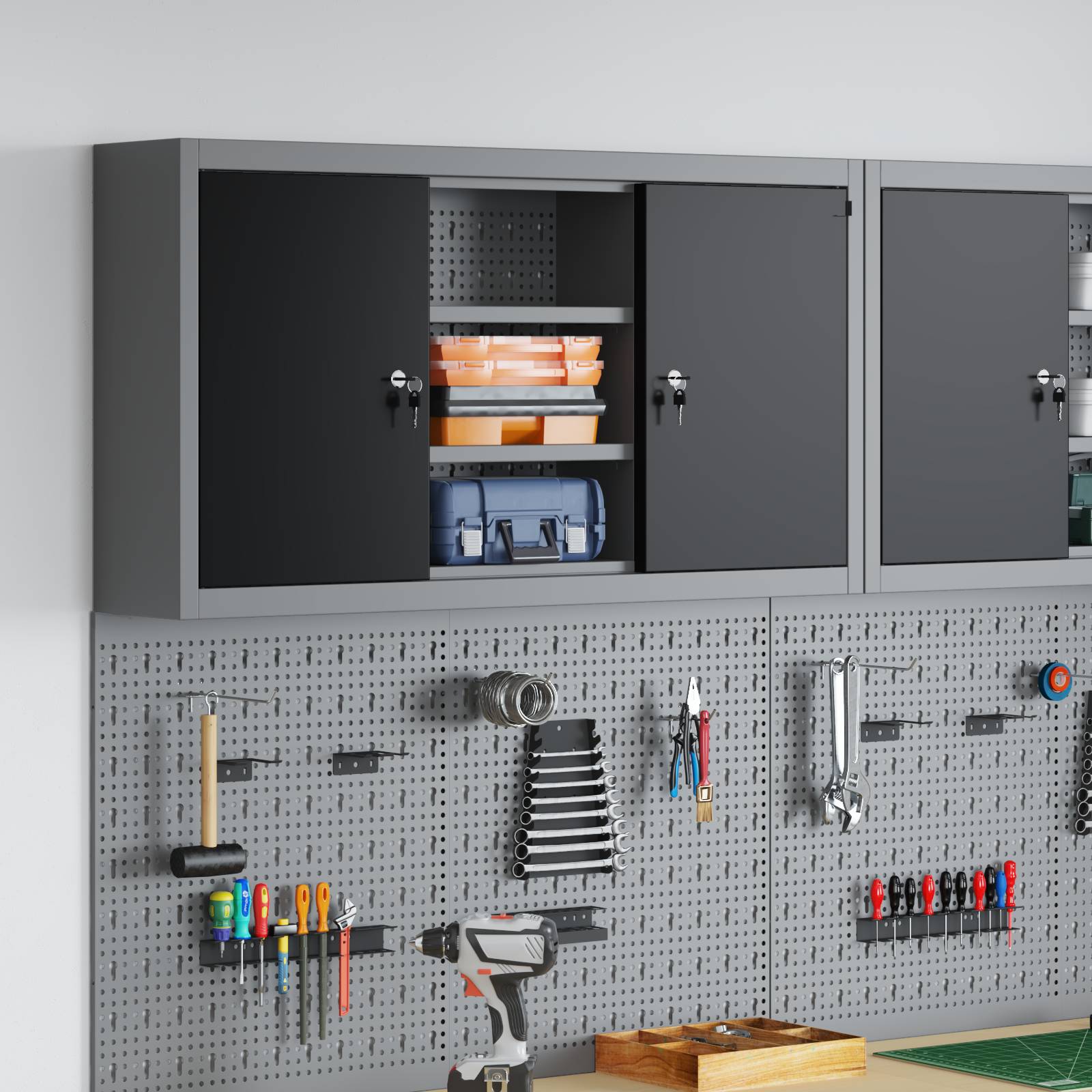 vidaXL Werkzeugschrank mit Stecktafel Wandmontage Schwarz 100x20x55 cm
