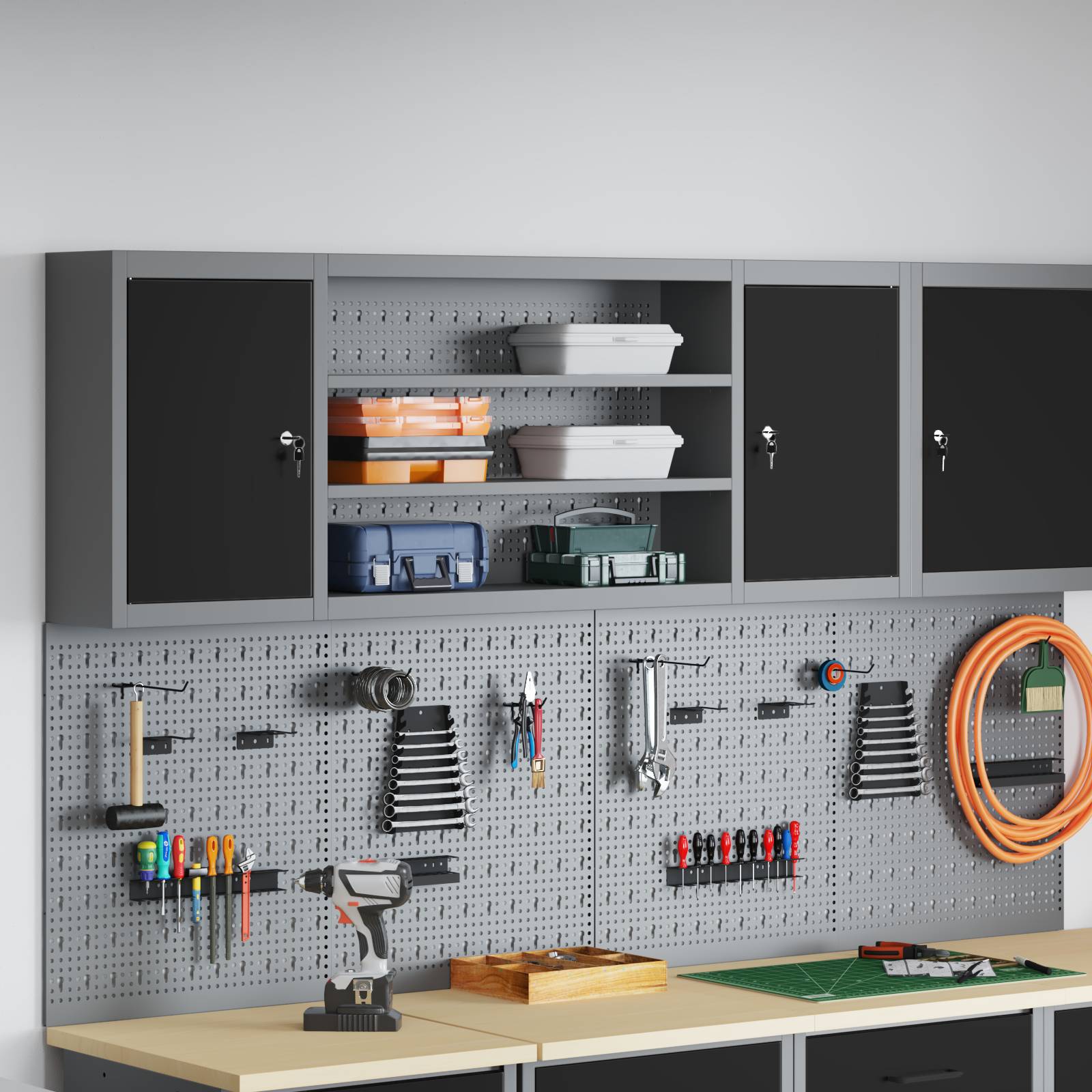 vidaXL Werkzeugschrank mit Stecktafel Wandmontage Schwarz 150x20x55 cm