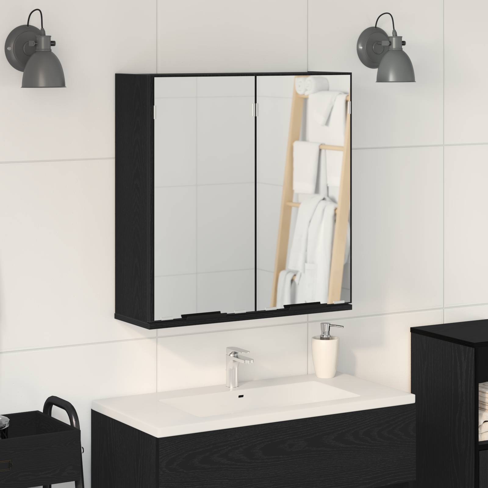 vidaXL Badezimmer-Spiegelschrank - Schwarzer Eichenlook, 64x20x66.5 cm, Gefertigt aus Holzwerkstoff
