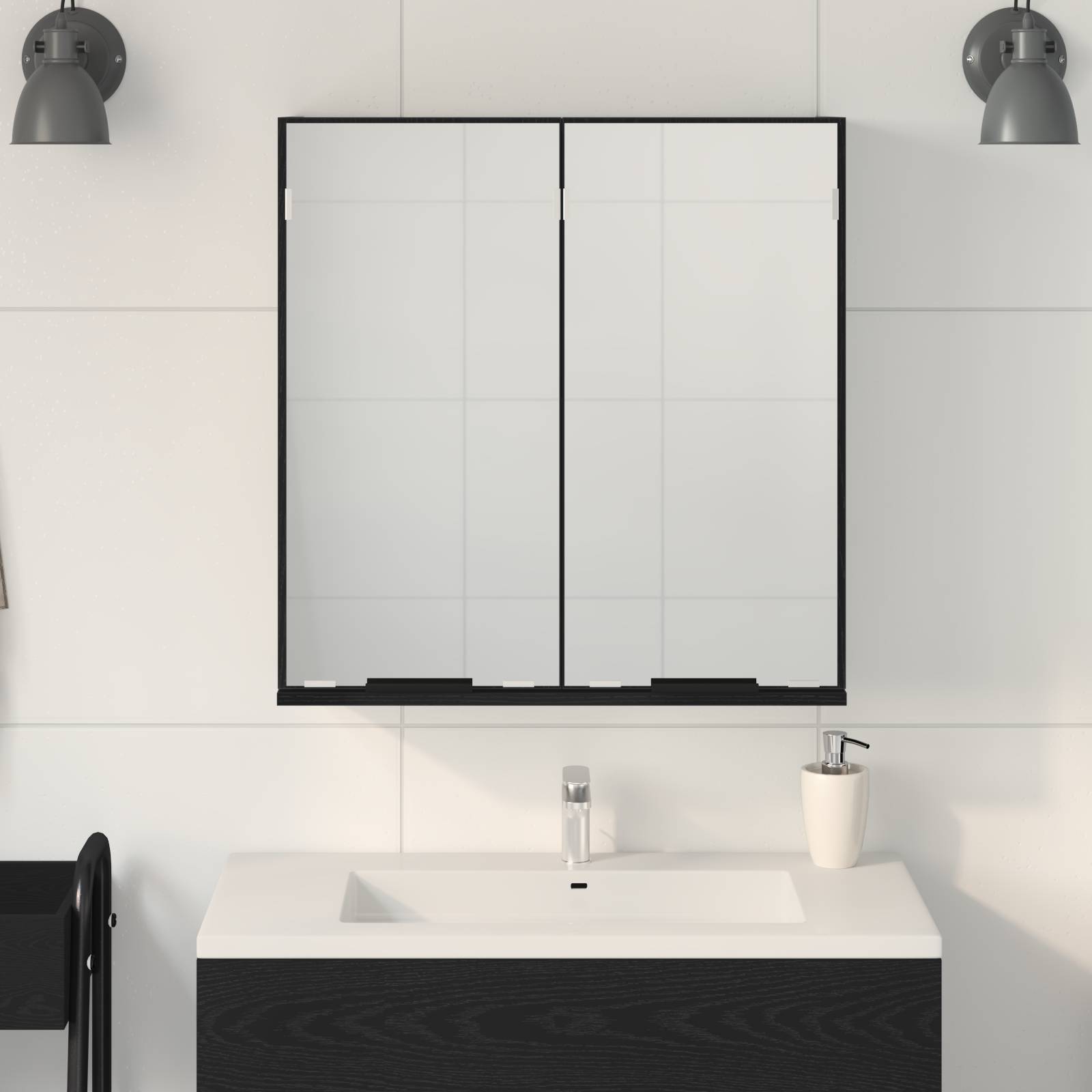 vidaXL Badezimmer-Spiegelschrank - Schwarzer Eichenlook, 64x20x66.5 cm, Gefertigt aus Holzwerkstoff