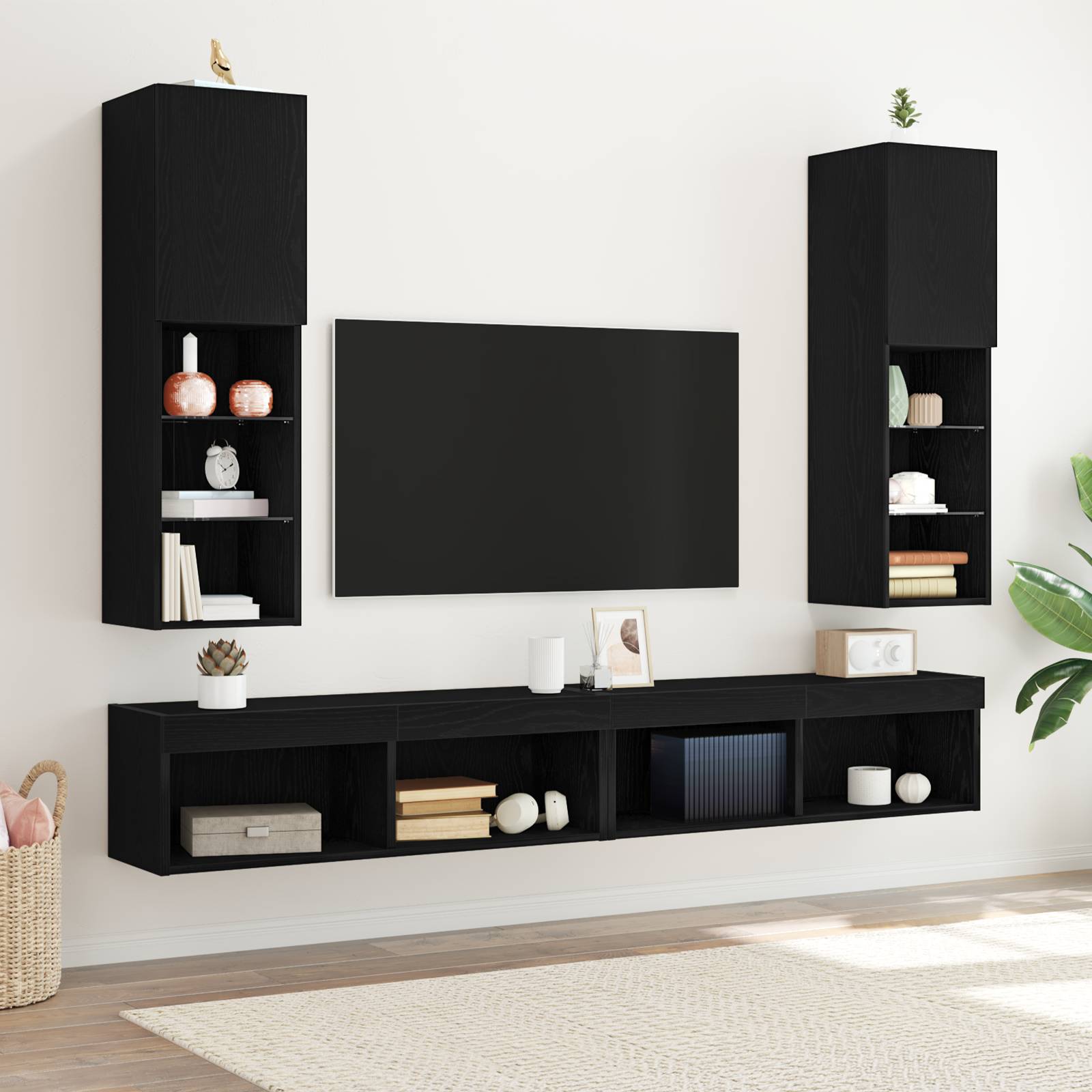 vidaXL LED TV-Schränke 2 Stk. Schwarz Eiche 30,5x30x102 cm