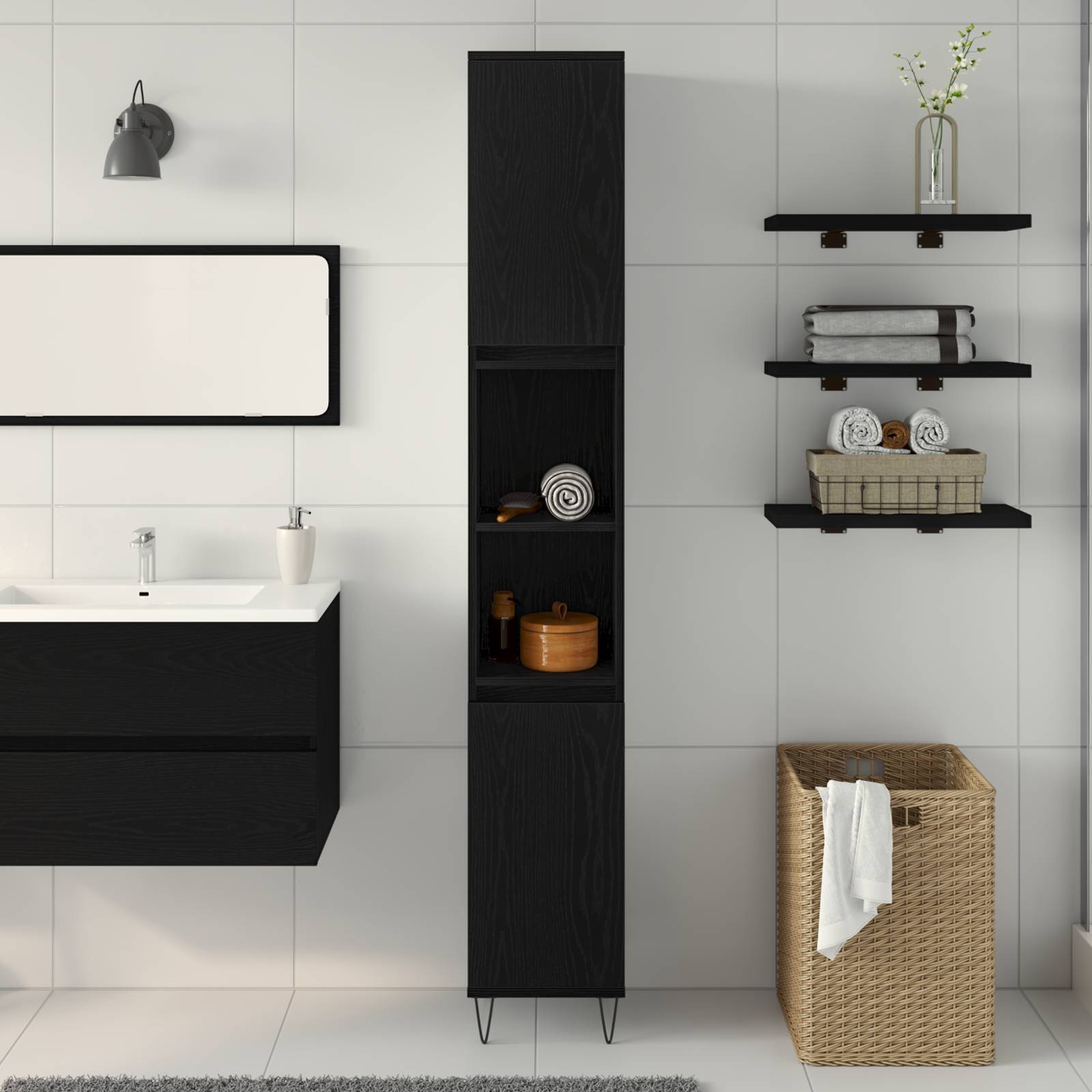vidaXL Badschrank Schwarz Eiche 30x30x190 cm Holzwerkstoff